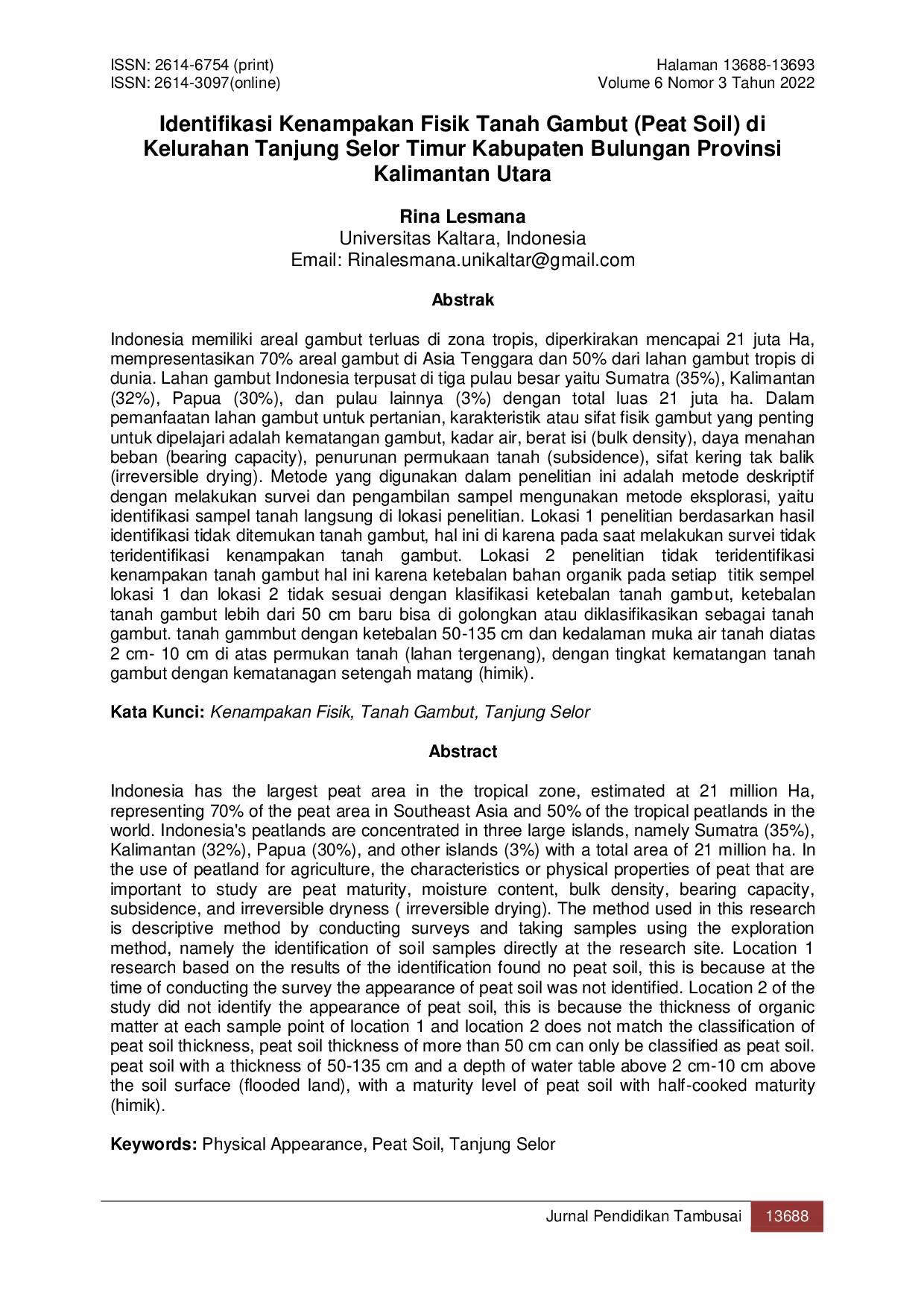 JURIS Identifikasi Kenampakan Fisik Tanah Gambut Peat Soil di Kelurahan Tanjung Selor Timur Kabupaten Bulungan Provinsi Kalimantan Utara