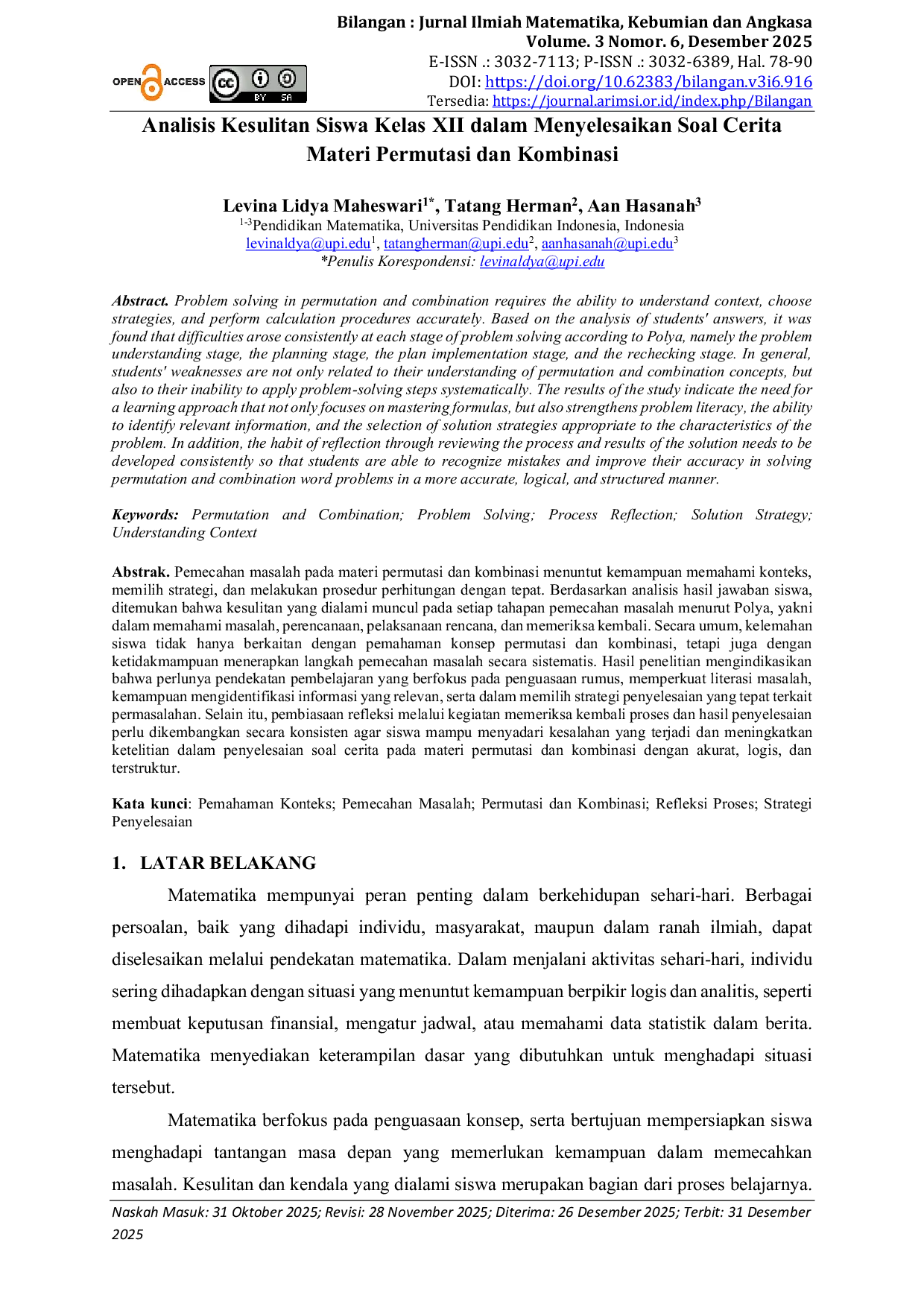 JURIS Analisis Kesulitan Siswa Kelas XII dalam Menyelesaikan Soal Cerita Materi Permutasi dan Kombinasi