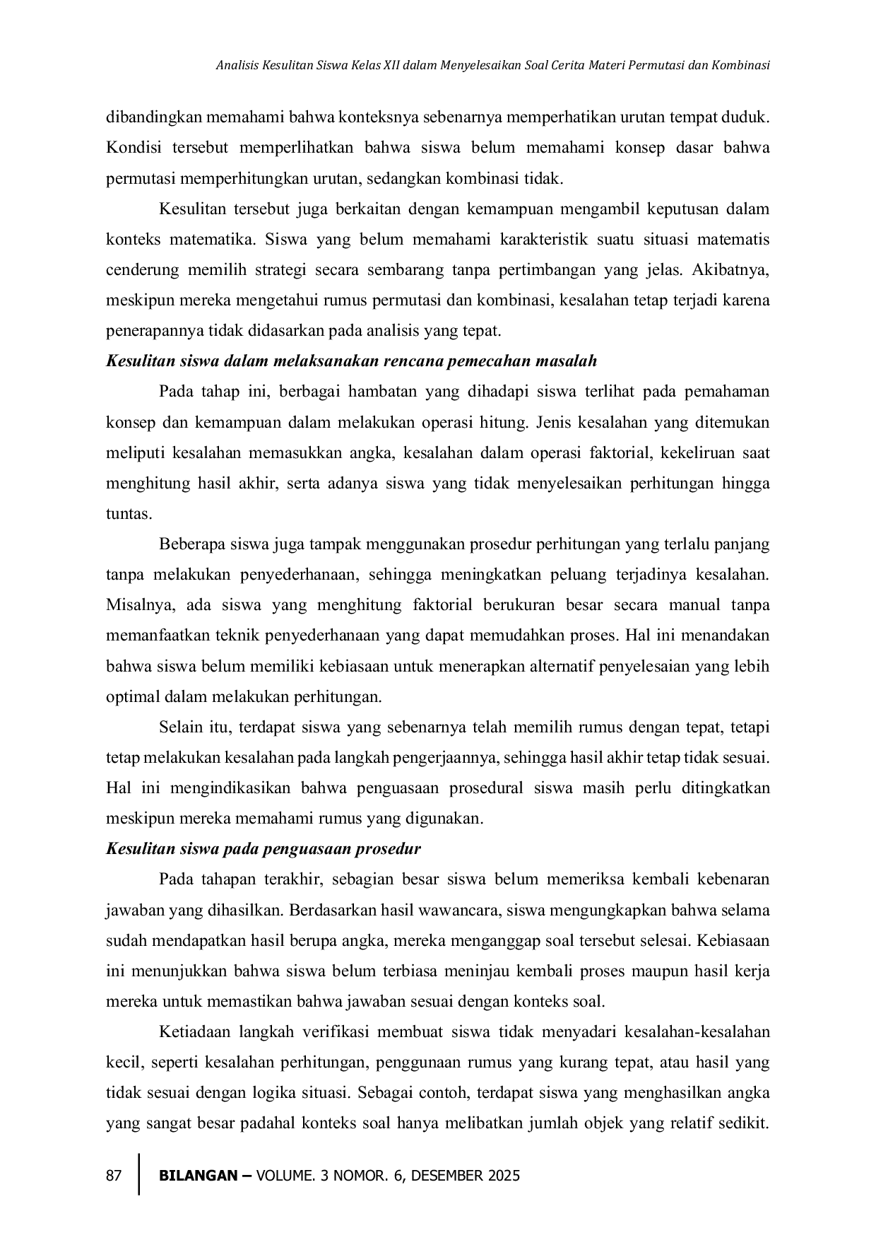 JURIS Analisis Kesulitan Siswa Kelas XII dalam Menyelesaikan Soal Cerita Materi Permutasi dan Kombinasi