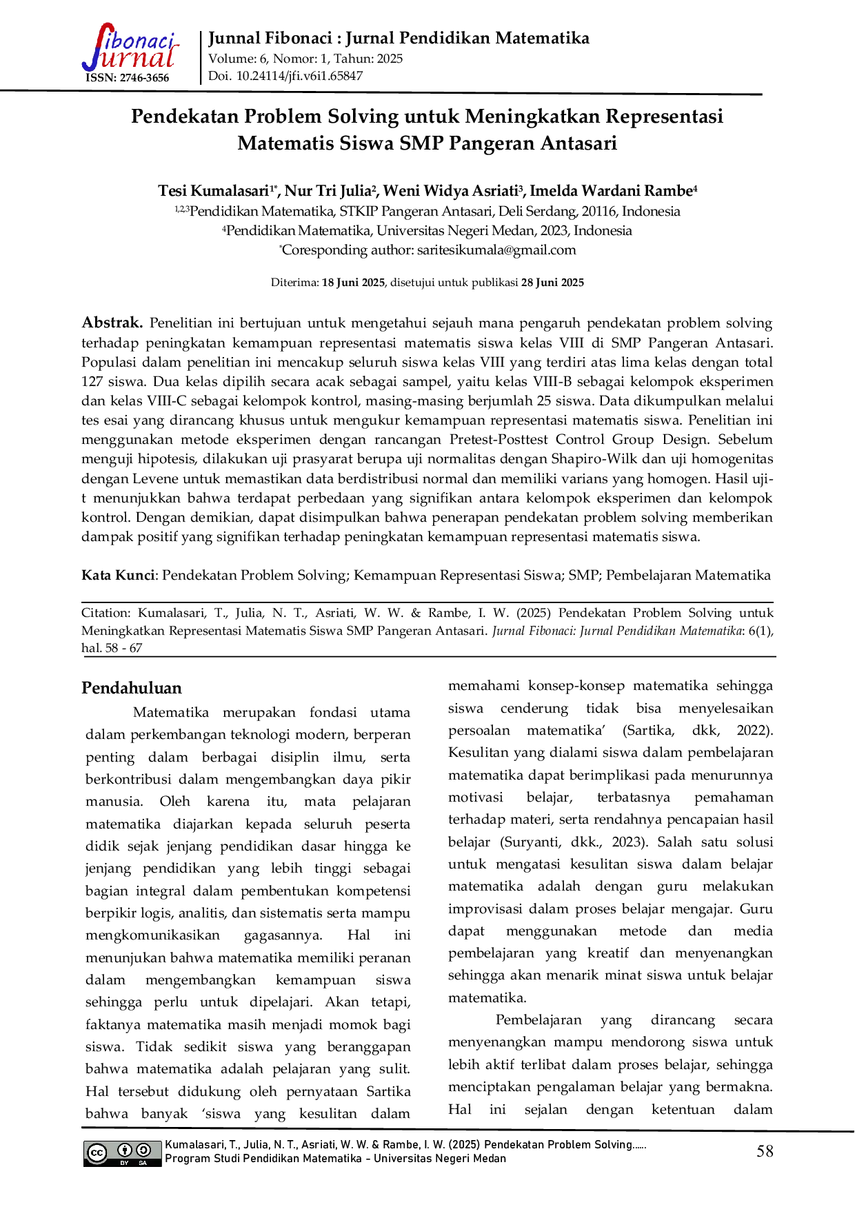 JURIS Pendekatan Problem Solving untuk Meningkatkan Representasi Matematis Siswa SMP Pangeran Antasari