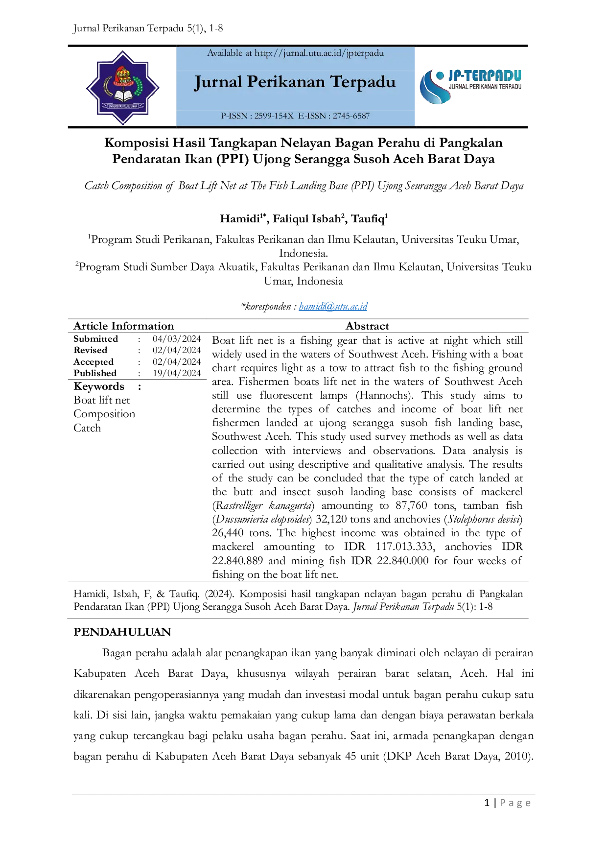 JURIS Catch Composition of Boat Lift Net at The Fish Landing Base PPI Ujong Seurangga Aceh Barat Daya