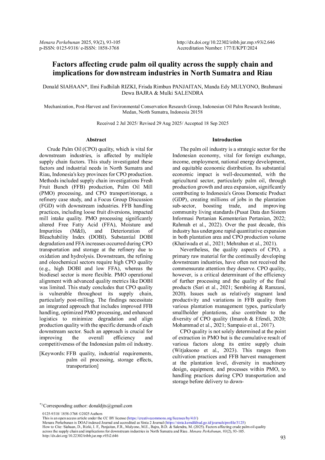 JURIS Factors Affecting Crude Palm Oil Quality Across the Supply Chain and Implications for Downstream Industries in North Sumatra and Riau