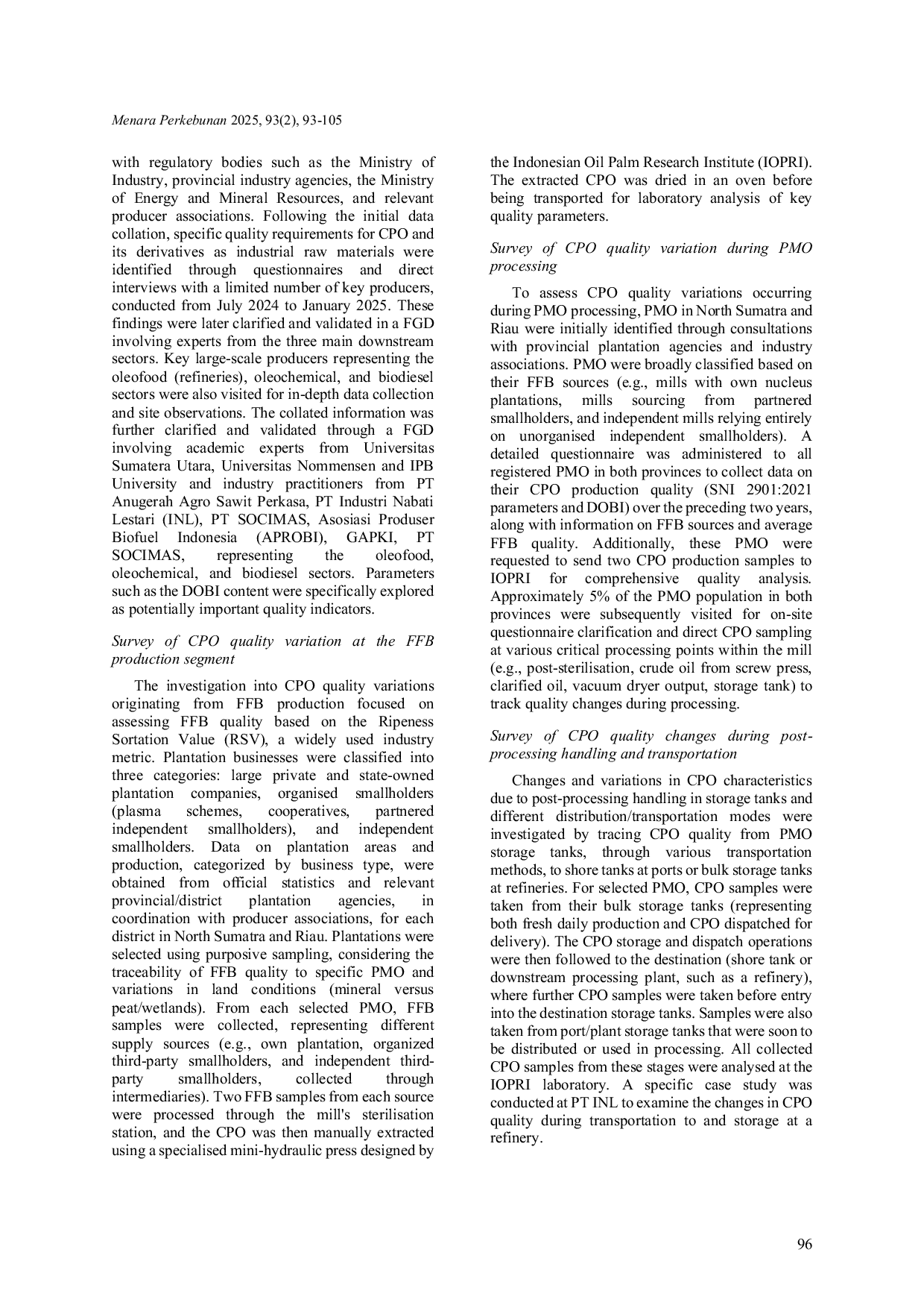 JURIS Factors Affecting Crude Palm Oil Quality Across the Supply Chain and Implications for Downstream Industries in North Sumatra and Riau