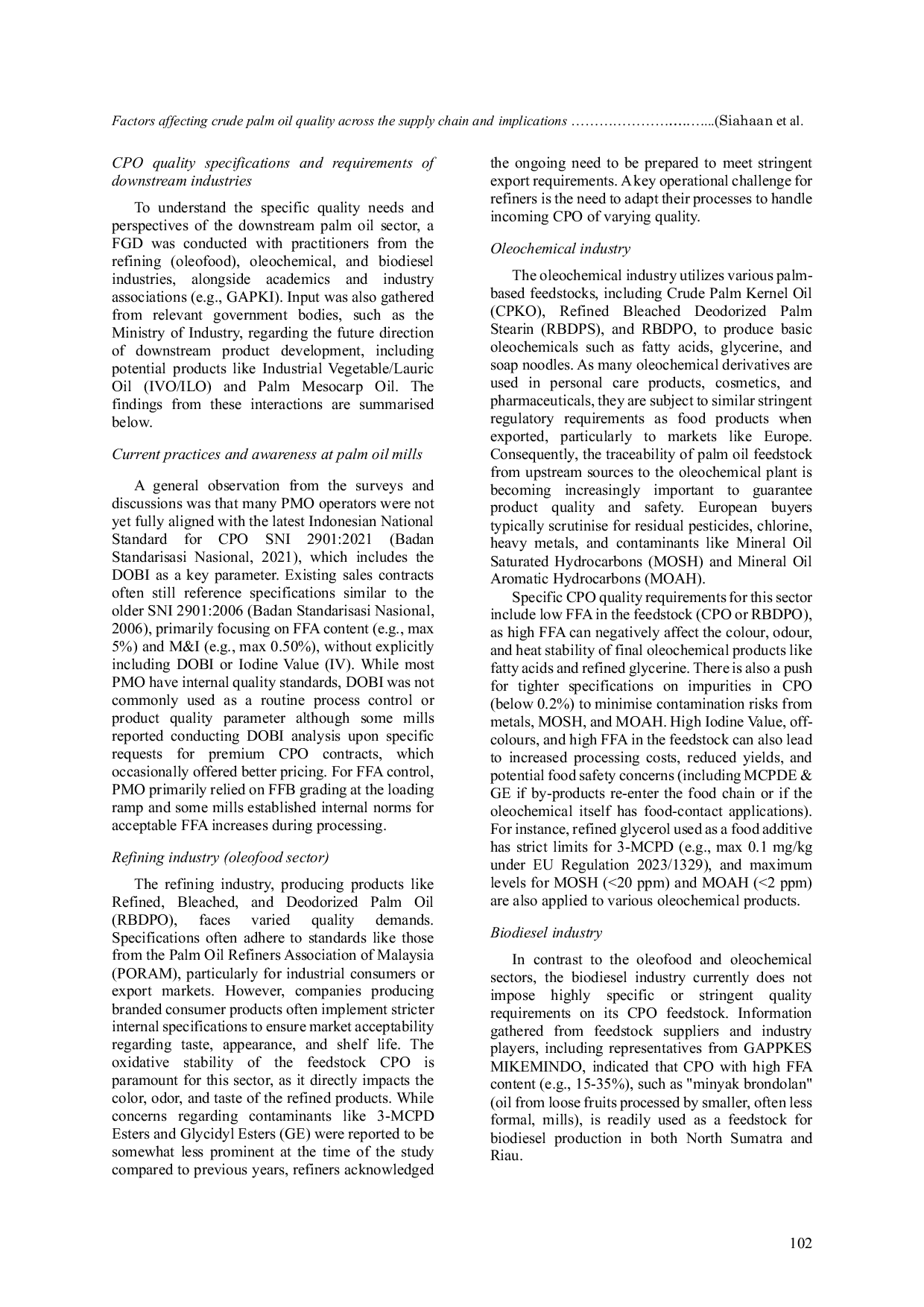 JURIS Factors Affecting Crude Palm Oil Quality Across the Supply Chain and Implications for Downstream Industries in North Sumatra and Riau