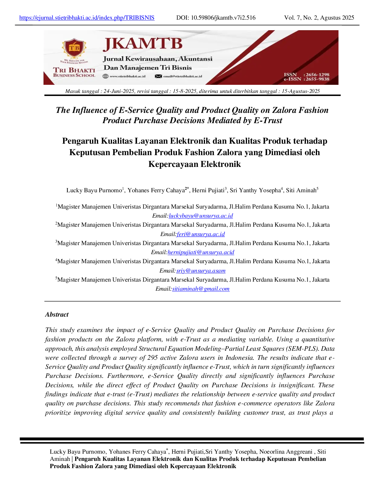 JURIS Pengaruh Kualitas Layanan Elektronik dan Kualitas Produk terhadap Keputusan Pembelian Produk Fashion Zalora yang Dimediasi oleh Kepercayaan Elektronik