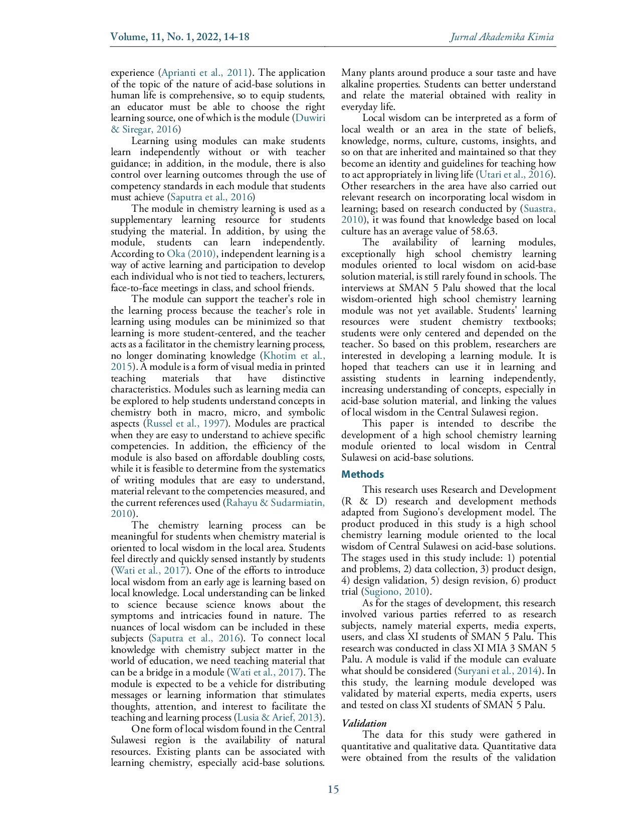 juris Development of Chemistry s Learning Module Oriented Local Wisdom of Central Sulawesi for High School in Basic Acid Solution Materials