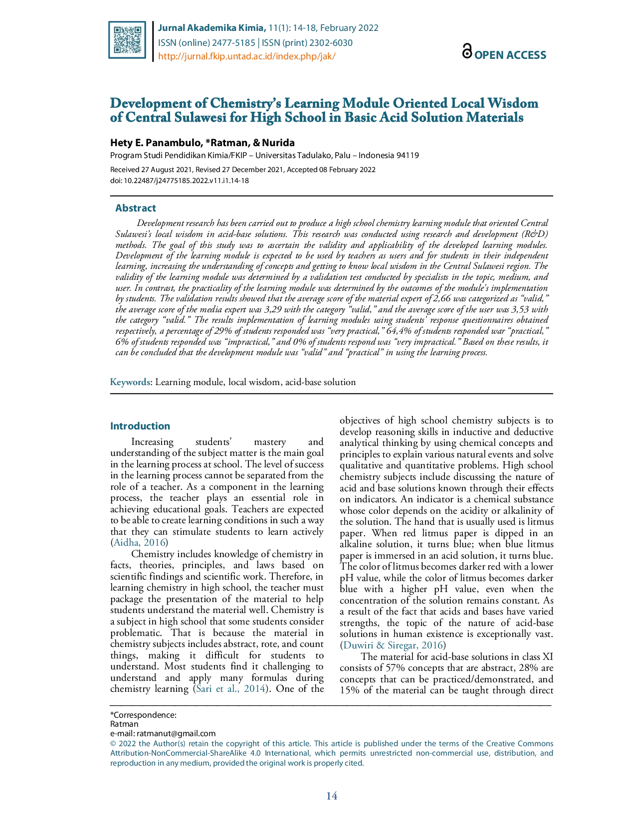 juris Development of Chemistry s Learning Module Oriented Local Wisdom of Central Sulawesi for High School in Basic Acid Solution Materials