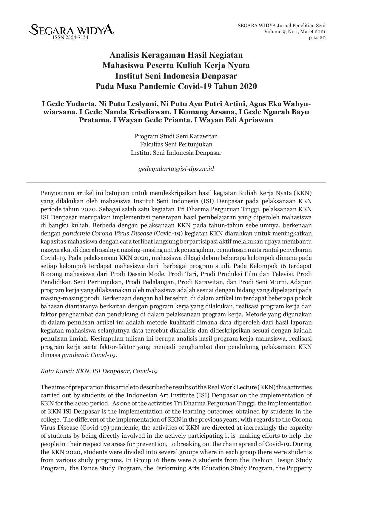JURIS Analisis Keragaman Hasil Kegiatan Mahasiswa Peserta Kuliah Kerja Nyata Institut Seni Indonesia Denpasar Pada Masa Pandemic Covid 19 Tahun 2020