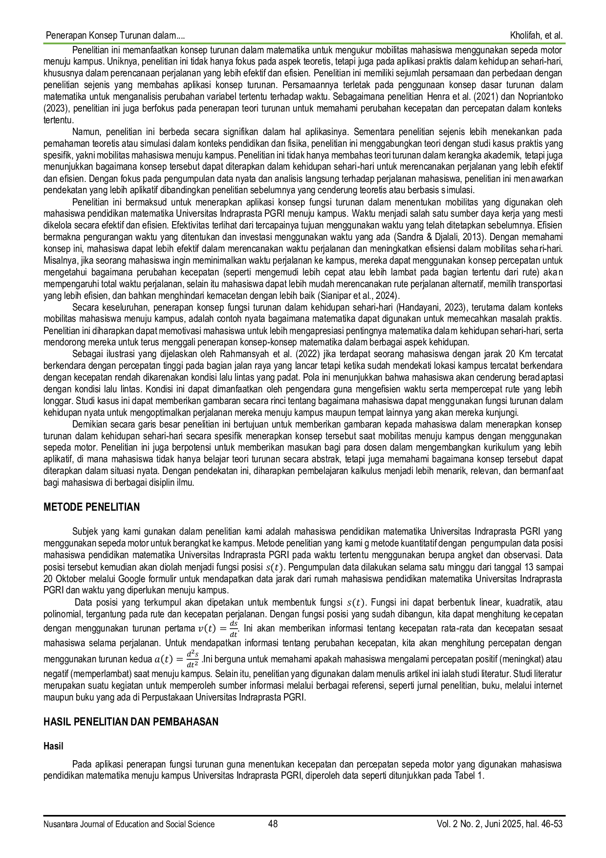 JURIS Penerapan Konsep Turunan dalam Penggunaan Motor Sebagai Mobilitas Mahasiswa Studi Kasus pada Mahasiswa Kampus Universitas Indraprasta PGRI