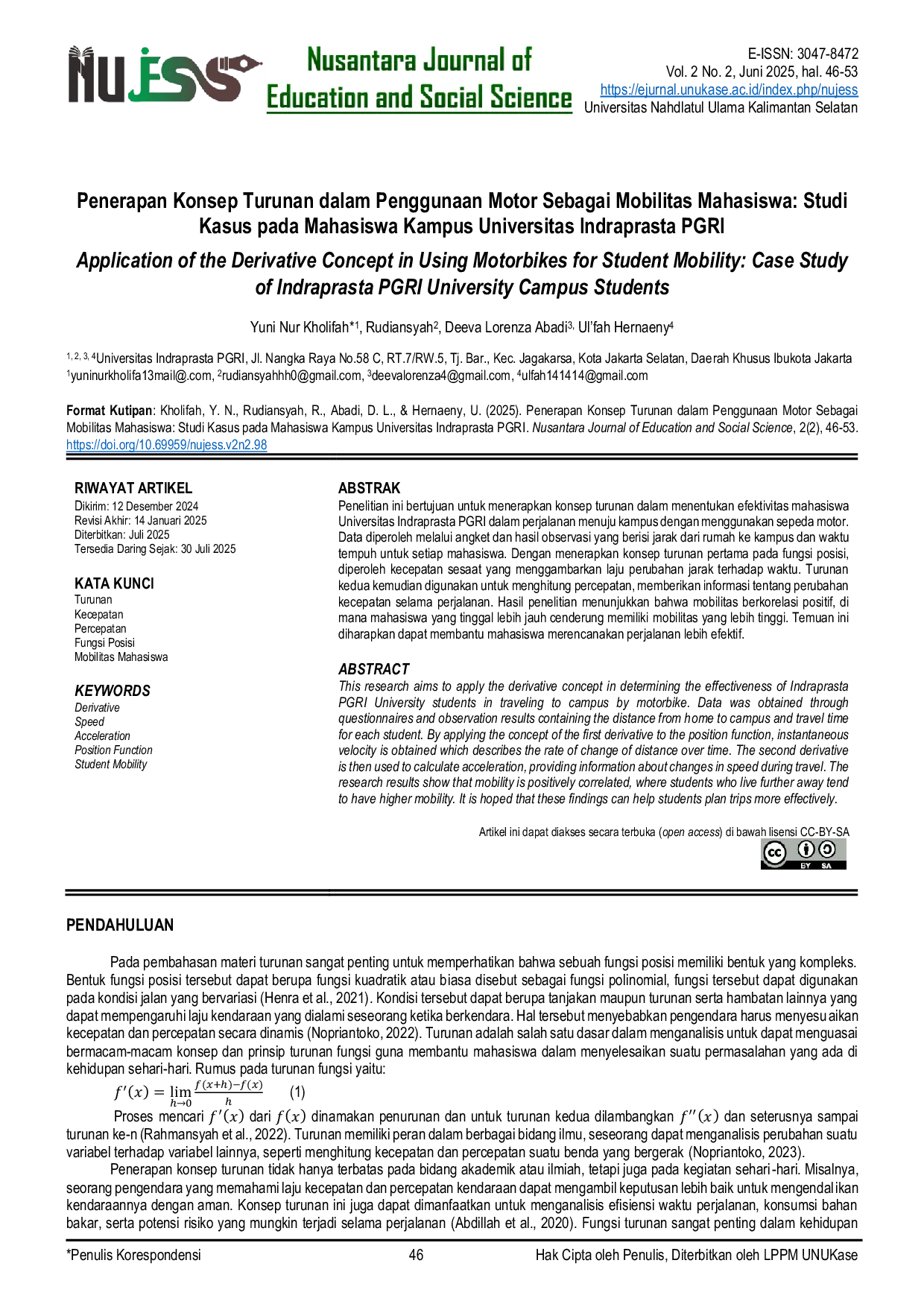 JURIS Penerapan Konsep Turunan dalam Penggunaan Motor Sebagai Mobilitas Mahasiswa Studi Kasus pada Mahasiswa Kampus Universitas Indraprasta PGRI