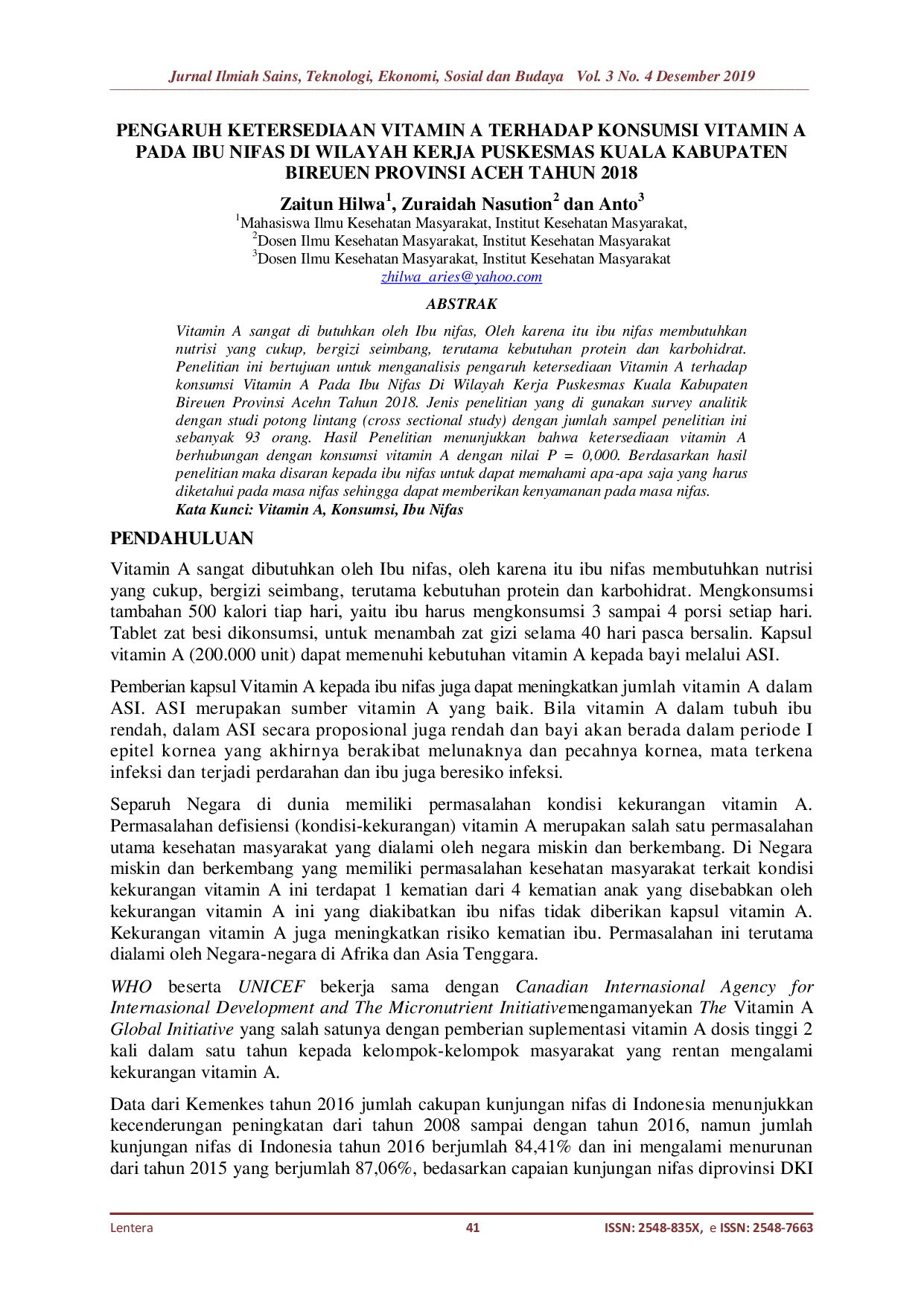 JURIS Pengaruh Ketersediaan Vitamin A Terhadap Konsumsi Vitamin A Pada Ibu Nifas Di Wilayah Kerja Puskesmas Kuala Kabupaten Bireuen Provinsi Aceh Tahun 2018