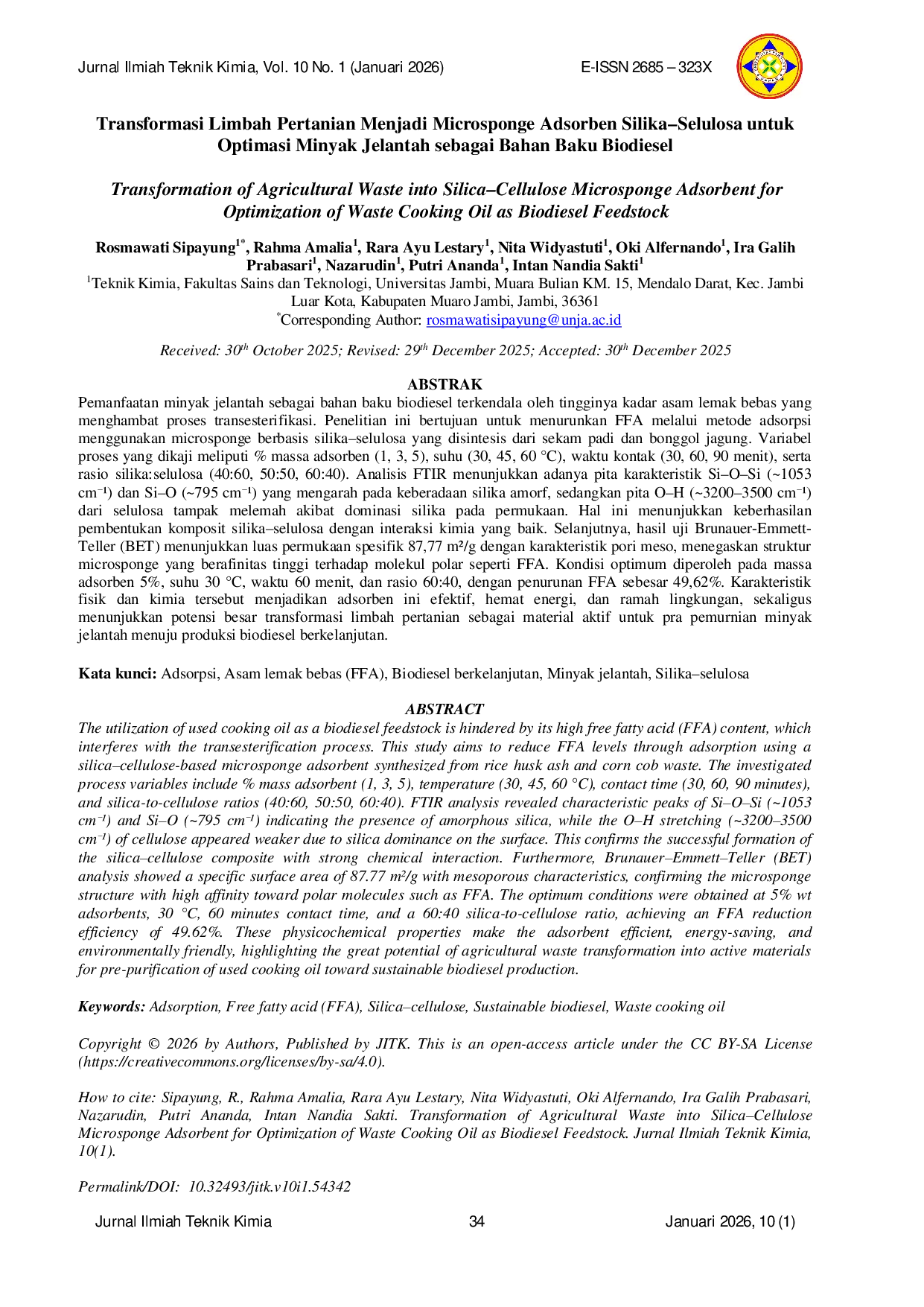 JURIS Transformation of Agricultural Waste into Silica Cellulose Microsponge Adsorbent for Optimization of Waste Cooking Oil as Biodiesel Feedstock