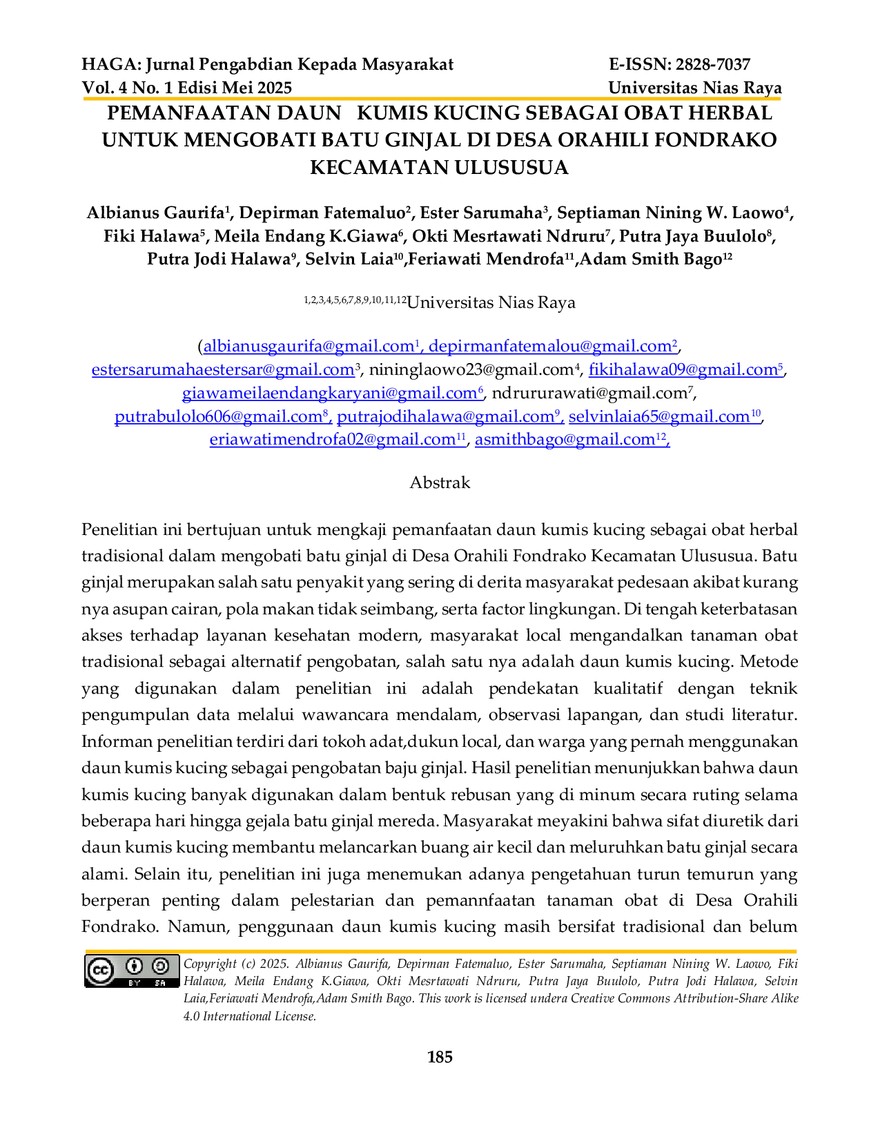 JURIS Pemanfaatan Daun Kumis Kucing Sebagai Obat Herbal Untuk Mengobati Batu Ginjal Di Desa Orahili Fondrako Kecamatan Ulususua