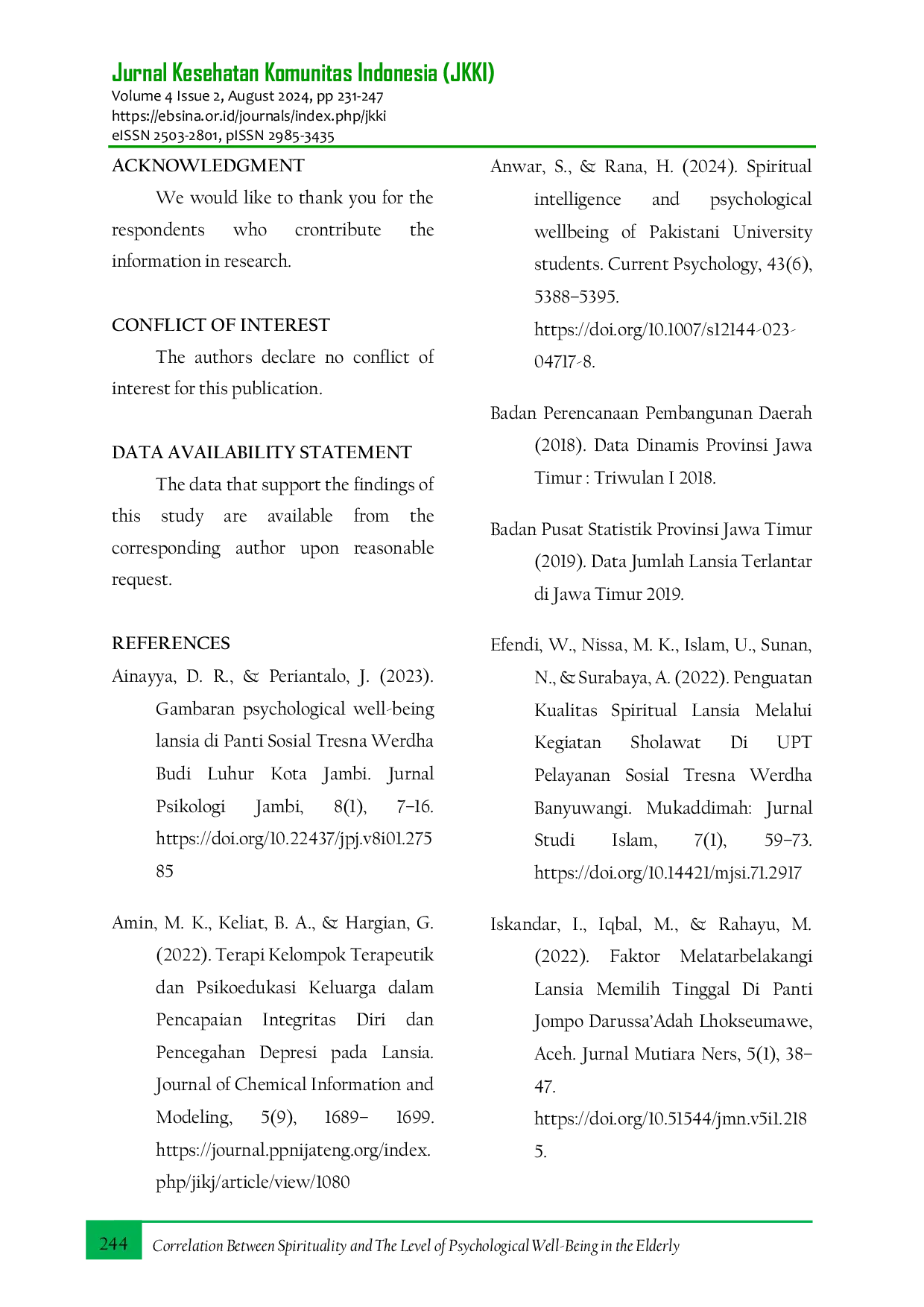 JURIS Correlation Between Spirituality and The Level of Psychological Well Being in the Elderly at Banyuwangi Nursing Home