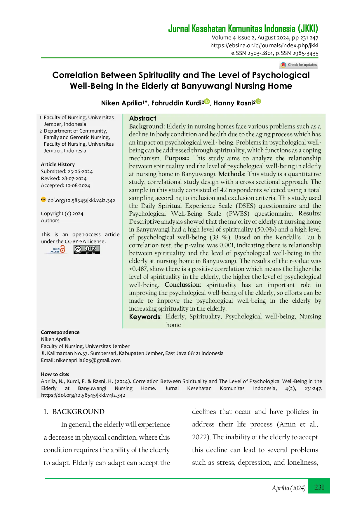 JURIS Correlation Between Spirituality and The Level of Psychological Well Being in the Elderly at Banyuwangi Nursing Home