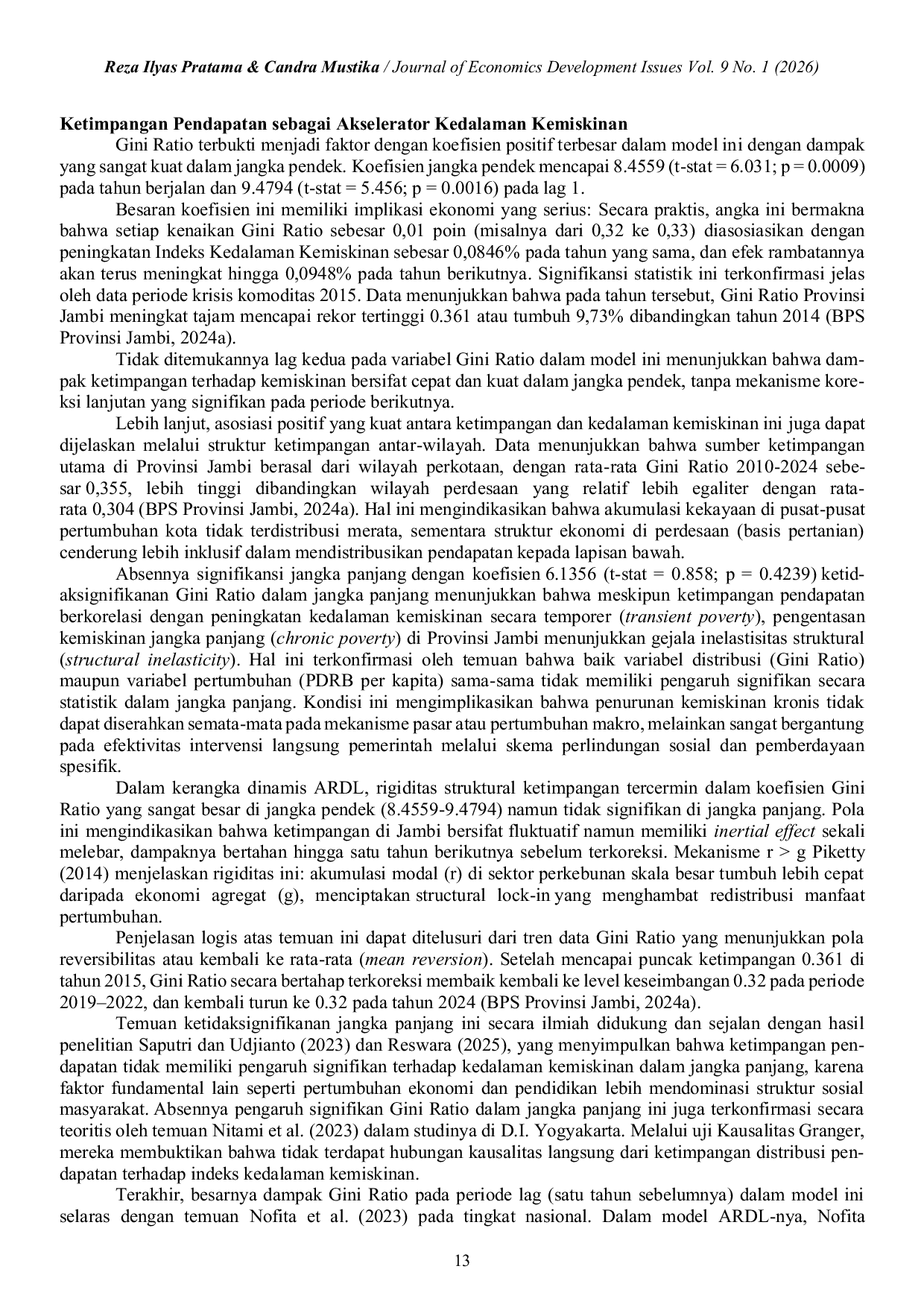 JURIS Dampak Pertumbuhan Ekonomi Sektor Pertanian dan Ketimpangan terhadap Kedalaman Kemiskinan di Jambi