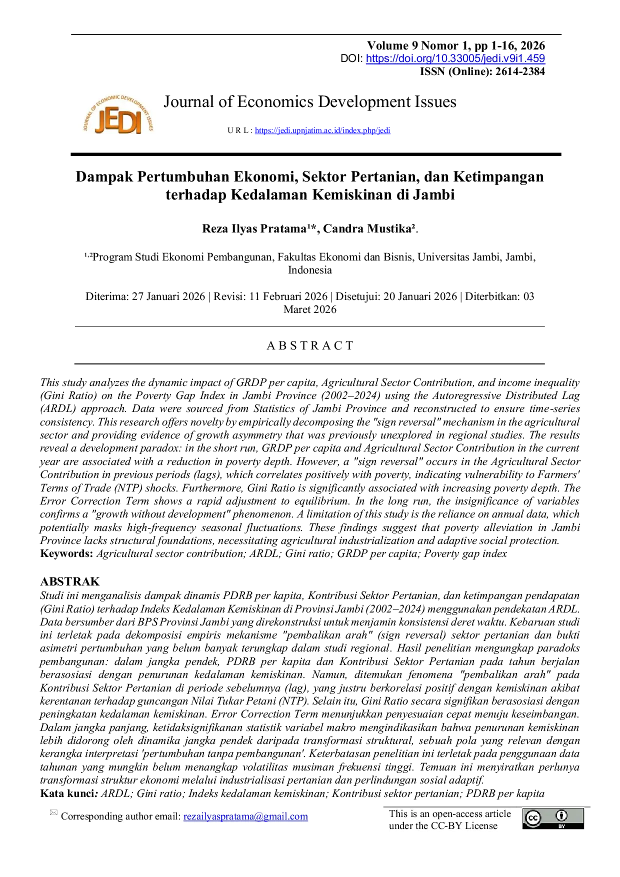 JURIS Dampak Pertumbuhan Ekonomi Sektor Pertanian dan Ketimpangan terhadap Kedalaman Kemiskinan di Jambi