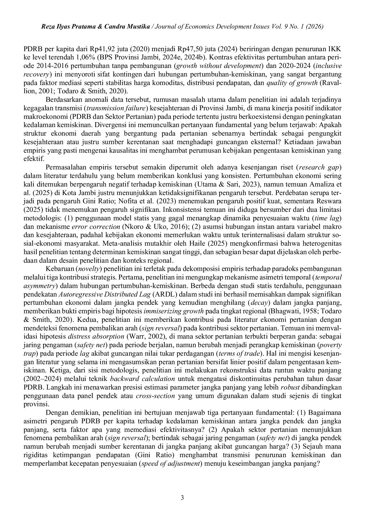 JURIS Dampak Pertumbuhan Ekonomi Sektor Pertanian dan Ketimpangan terhadap Kedalaman Kemiskinan di Jambi