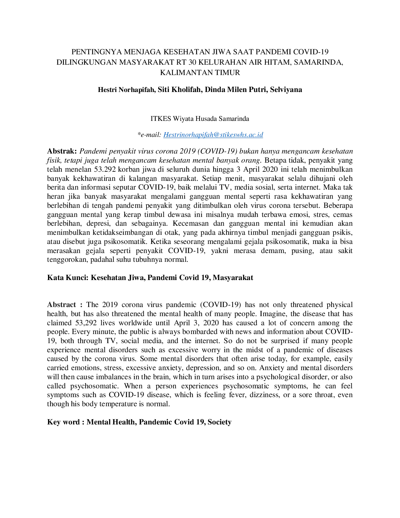 JURIS Pentingnya Menjaga Kesehatan Jiwa Saat Pandemi Covid 19 Dilingkungan Masyarakat RT 30 Kelurahan Air Hitam Samarinda Kalimantan Timur
