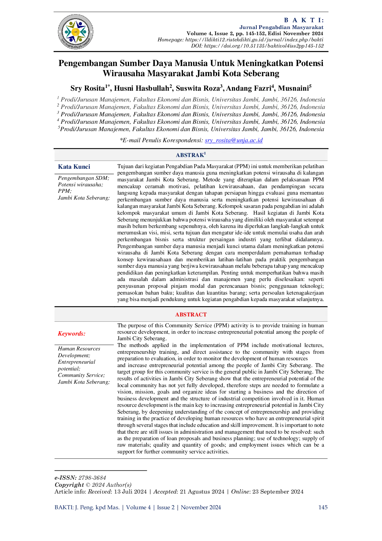 JURIS Pengembangan Sumber Daya Manusia untuk Meningkatkan Potensi Wirausaha Masyarakat Jambi Kota Seberang