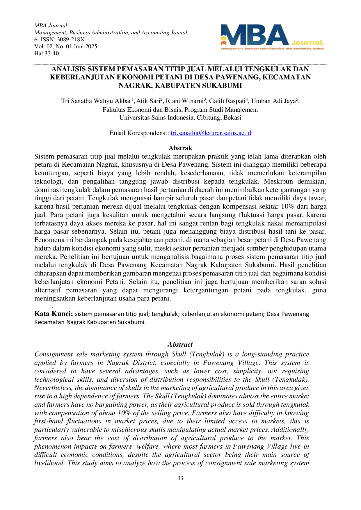 juris Analisis Sistem Pemasaran Titip Jual Melalui Tengkulak dan Keberlanjutan Ekonomi Petani di Desa Pawenang Kecamatan Nagrak Kabupaten Sukabumi