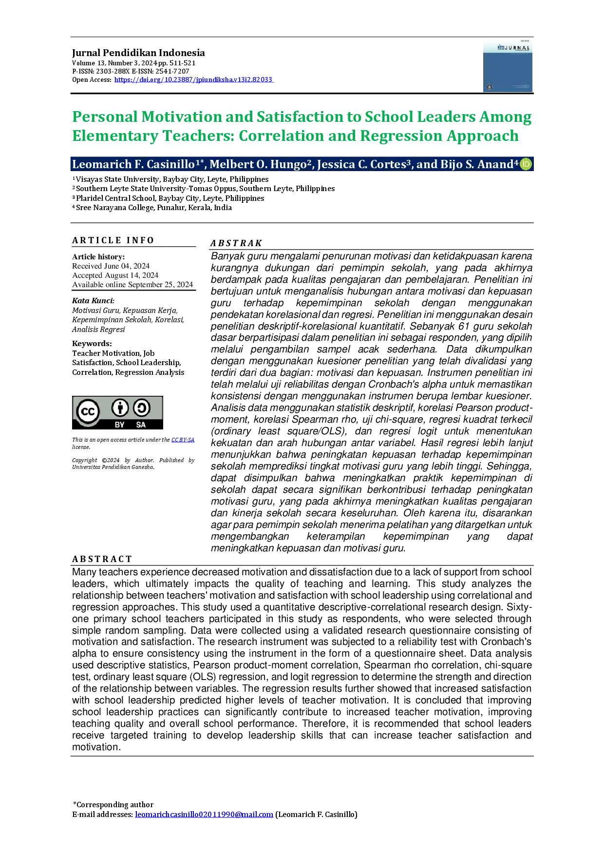 juris Personal Motivation and Satisfaction to School Leaders Among Elementary Teachers Correlation and Regression Approach