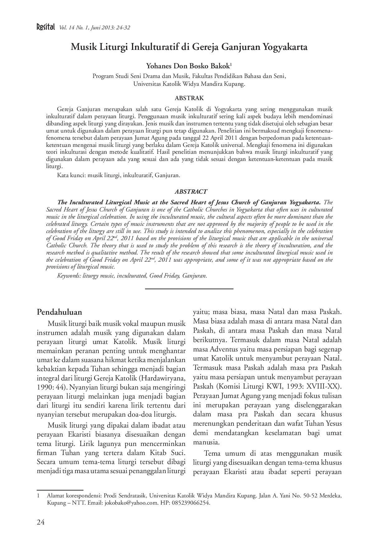 juris Musik Liturgi Inkulturatif di Gereja Ganjuran Yogyakarta