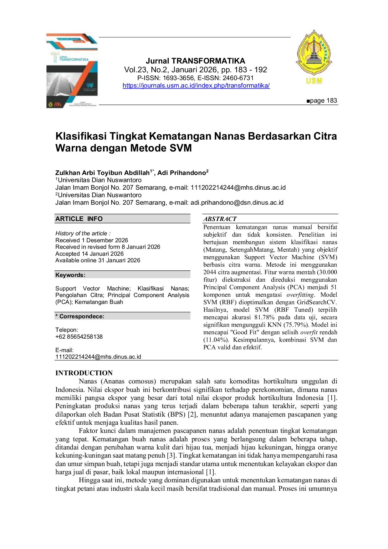 JURIS Klasifikasi Tingkat Kematangan Nanas Berdasarkan Citra Warna dengan Metode SVM