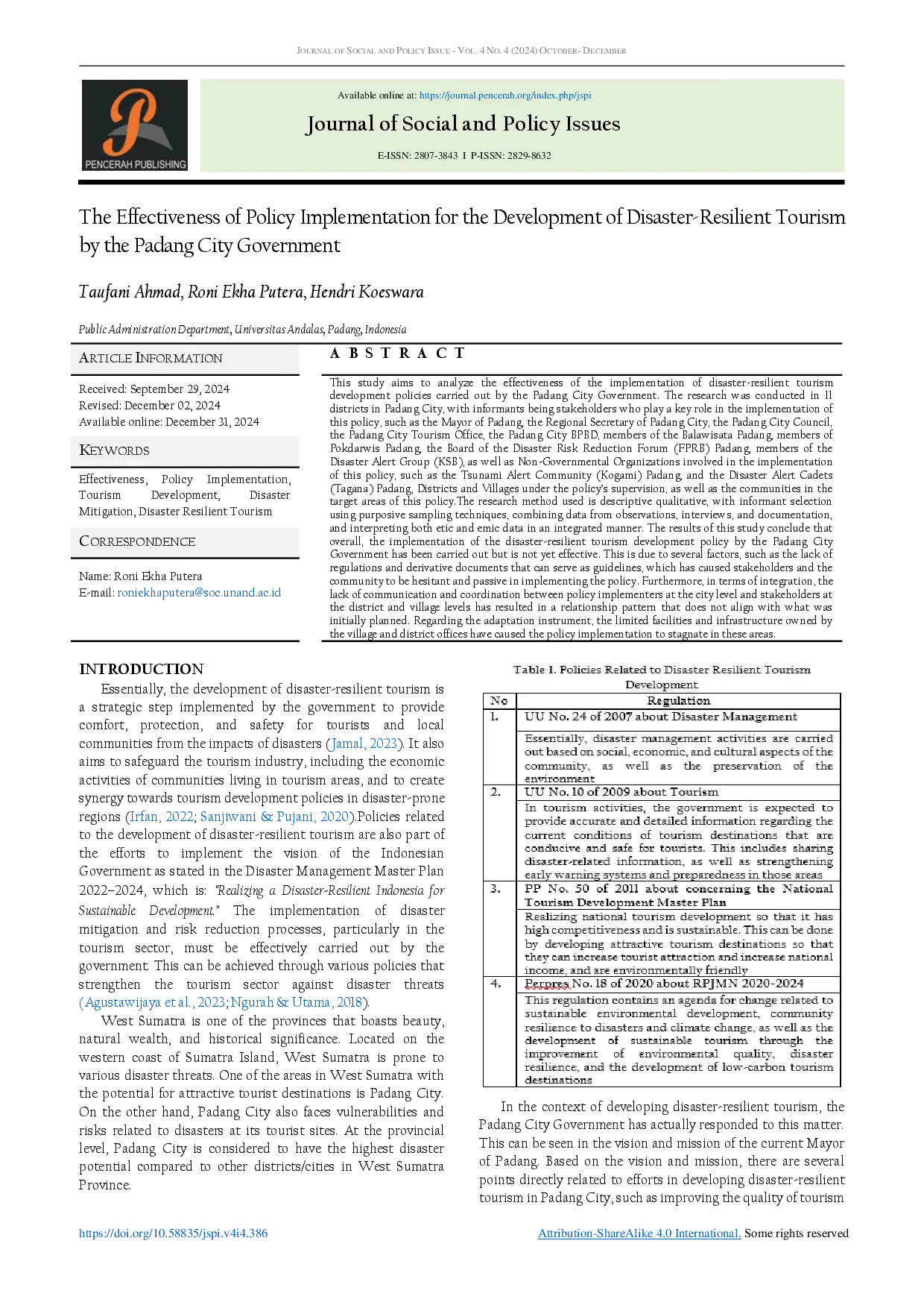 juris The Effectiveness of Policy Implementation for the Development of Disaster Resilient Tourism by the Padang City Government
