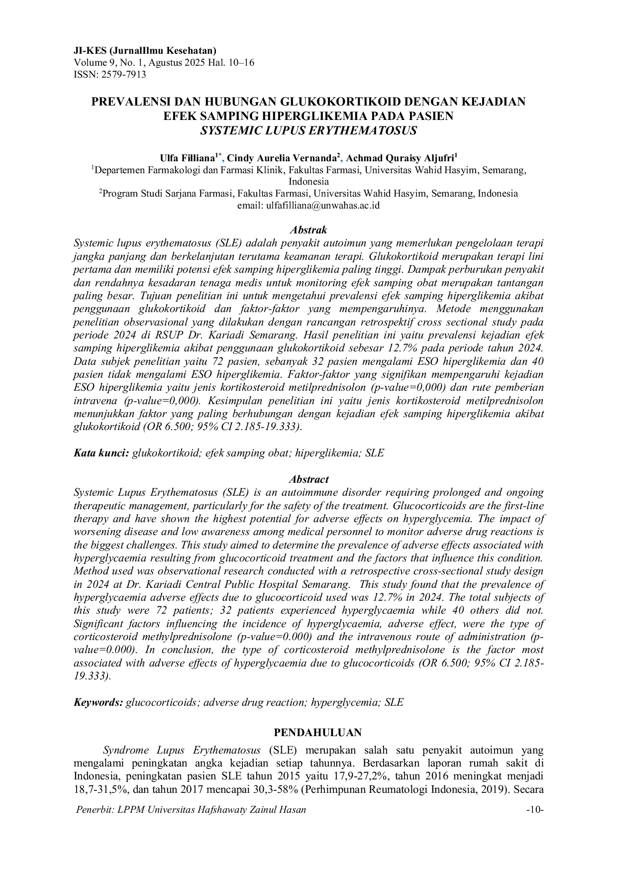 JURIS Prevalensi dan Hubungan Glukokortikoid dengan Kejadian Efek Samping Hiperglikemia pada Pasien Systemic Lupus Erythematosus
