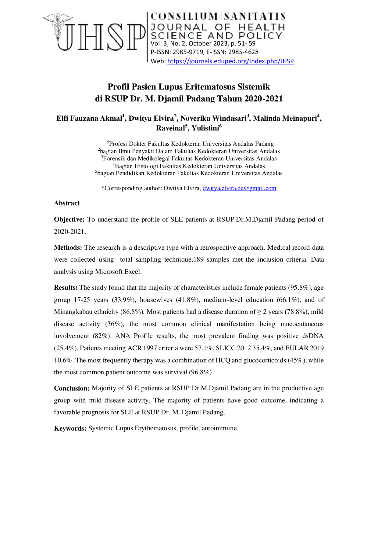 JURIS Profil Pasien Lupus Eritematosus Sistemik di RSUP Dr M Djamil Padang Tahun 2020 2021