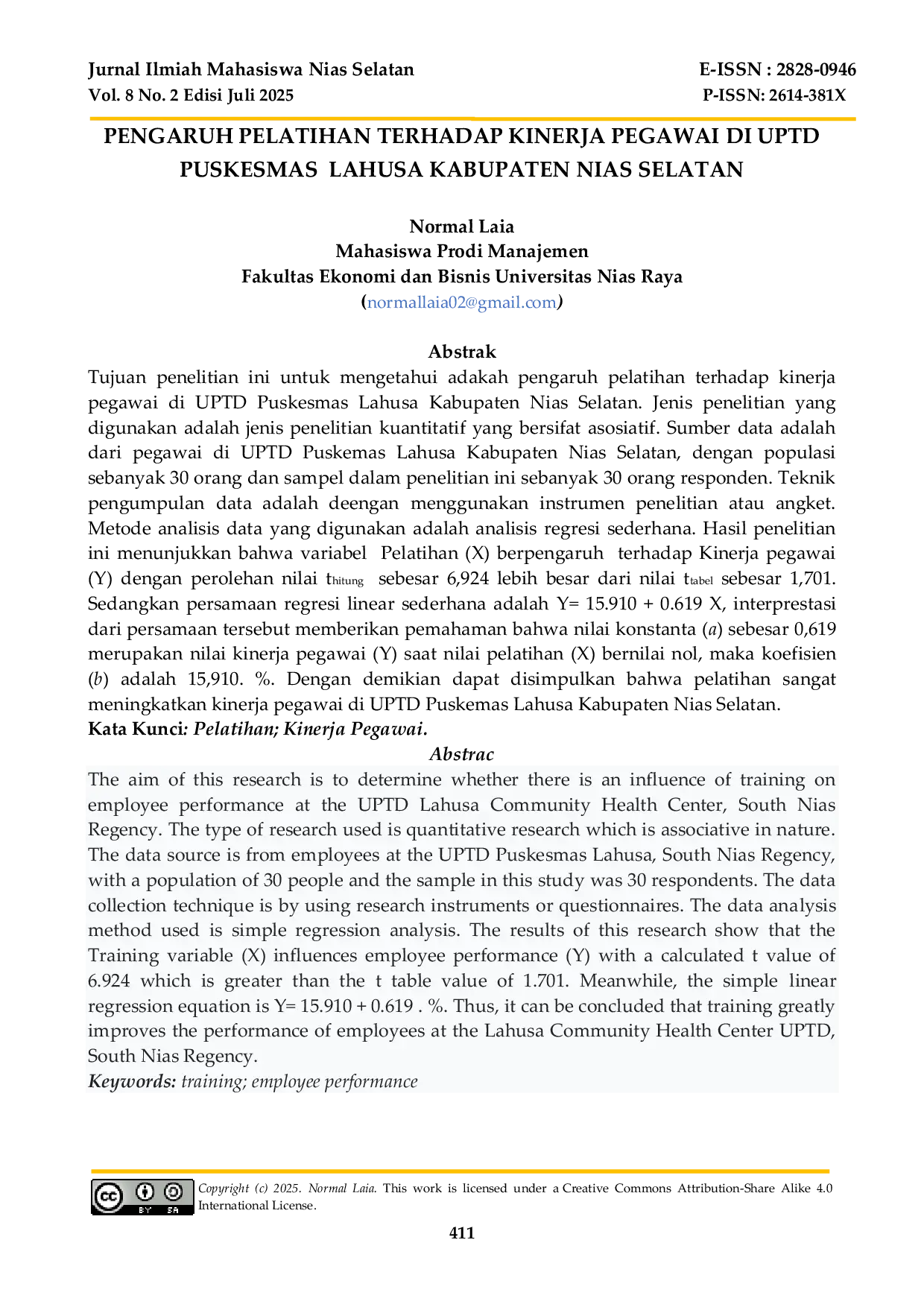 JURIS The Influence of Training on Employee Performance at UPTD Puskesmas Lahusa South Nias Regency
