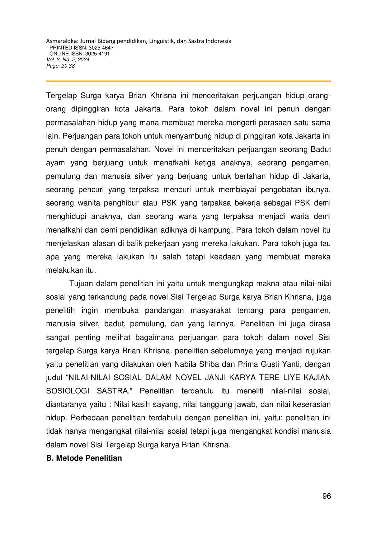 JURIS Representasi Nilai Sosial Pada Novel Sisi Tergelap Surga Karya Brian Khrisna Menggunakan Pendekatan Sosiologi Sastra