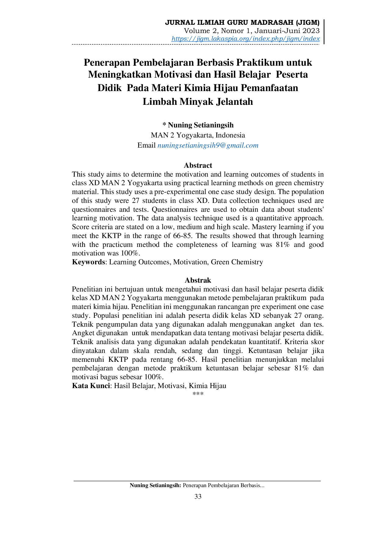 JURIS Penerapan Pembelajaran Berbasis Praktikum untuk Meningkatkan Motivasi dan Hasil Belajar Peserta Didik Pada Materi Kimia Hijau Pemanfaatan Limbah Minyak Jelantah