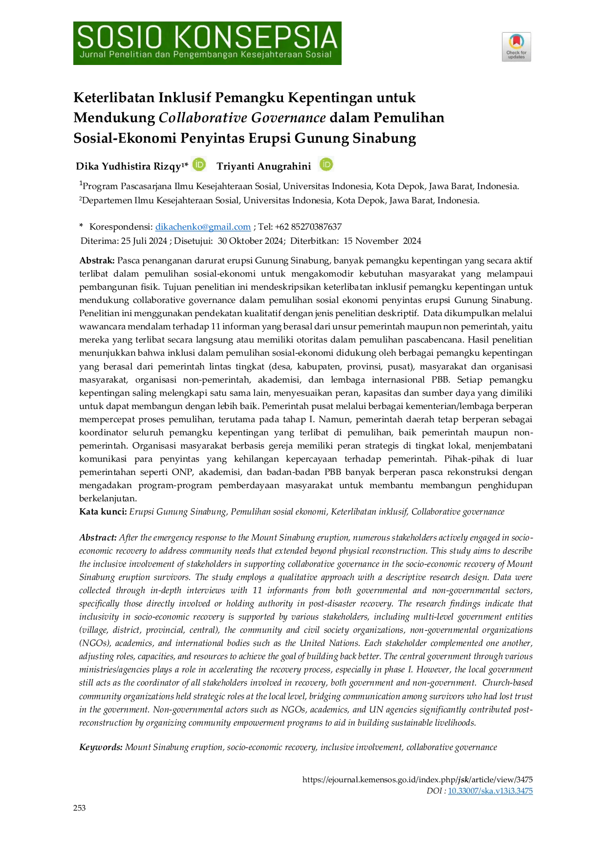 JURIS Keterlibatan Inklusif Pemangku Kepentingan untuk Mendukung Collaborative Governance dalam Pemulihan Sosial Ekonomi Penyintas Erupsi Gunung Sinabung