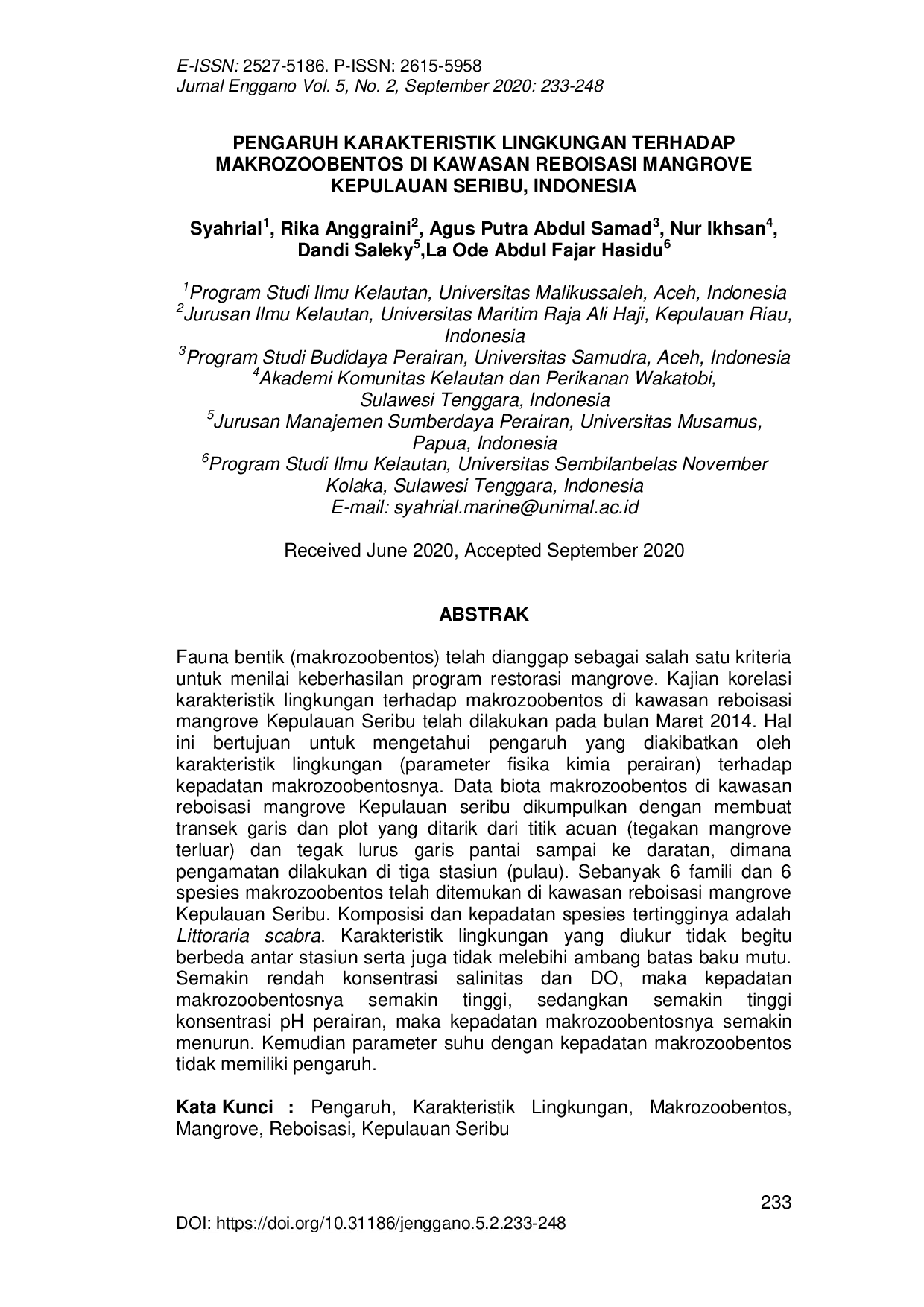 JURIS PENGARUH KARAKTERISTIK LINGKUNGAN TERHADAP MAKROZOOBENTOS DI KAWASAN REBOISASI MANGROVE KEPULAUAN SERIBU INDONESIA