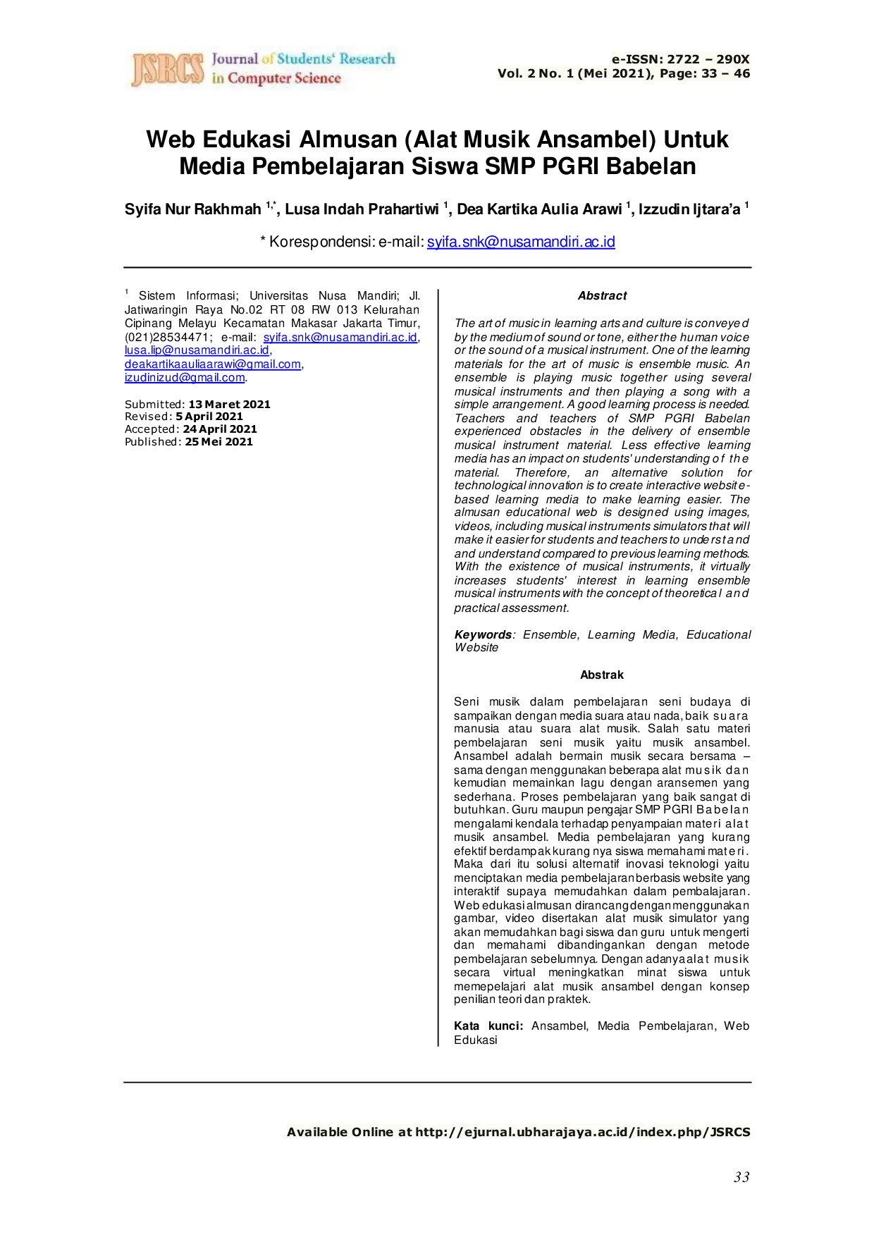 JURIS Web Edukasi Almusan Alat Musik Ansambel Untuk Media Pembelajaran Siswa SMP PGRI Babelan
