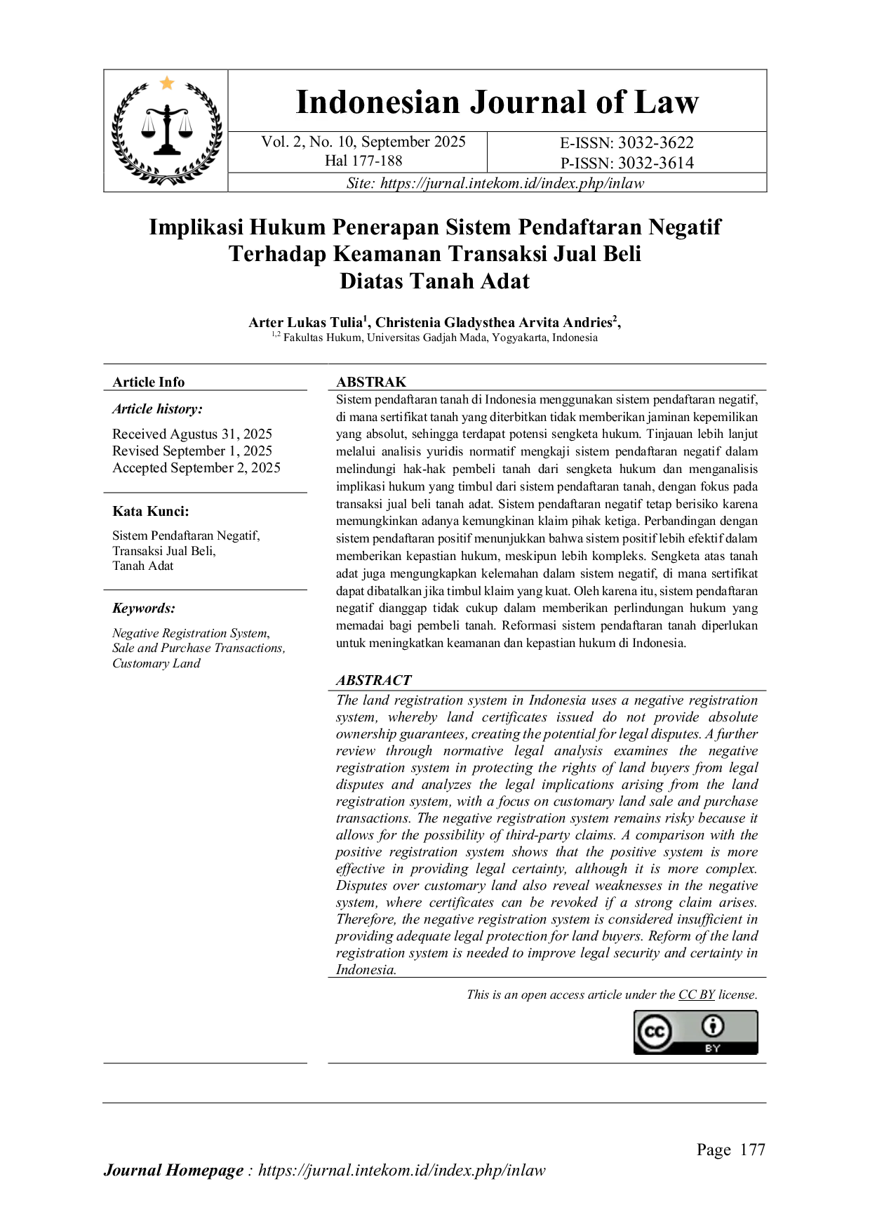 JURIS Implikasi Hukum Penerapan Sistem Pendaftaran Negatif Terhadap Keamanan Transaksi Jual Beli Diatas Tanah Adat