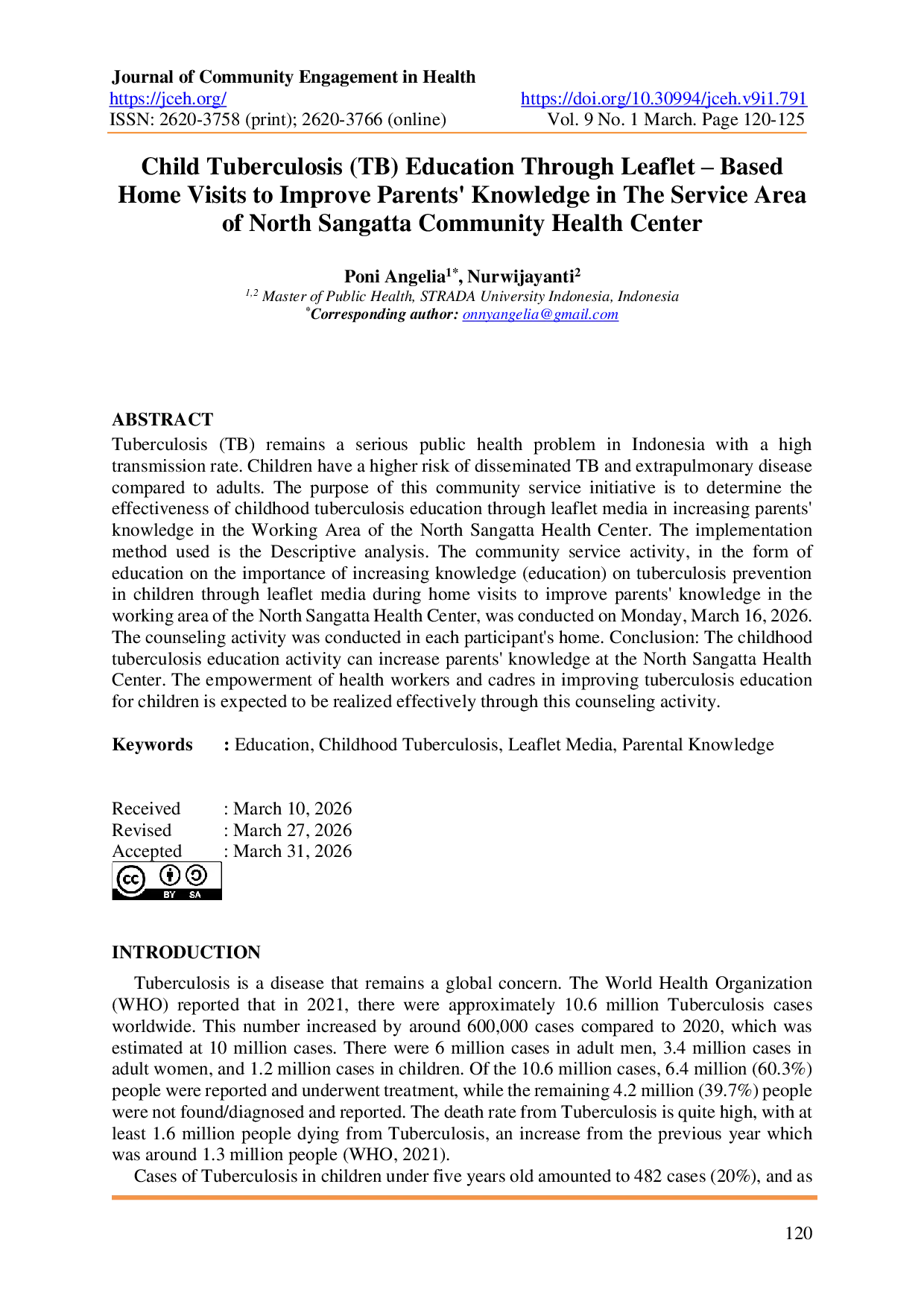 JURIS Child Tuberculosis TB Education Through Leaflet Based Home Visits to Improve Parents Knowledge in The Service Area of North Sangatta Community Health Center