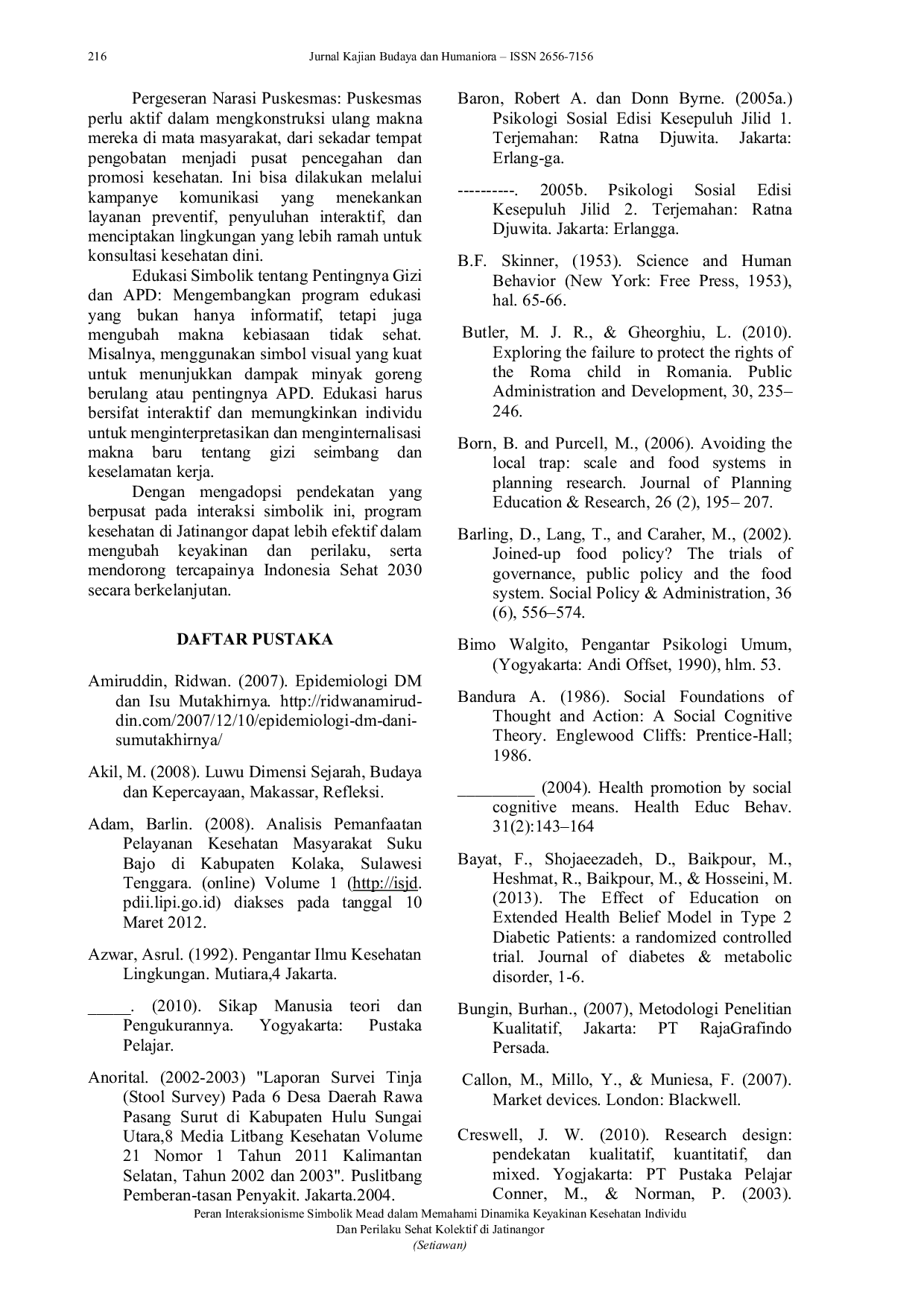 JURIS Peran Interaksionisme Simbolik Mead dalam Memahami Dinamika Keyakinan Kesehatan Individu dan Perilaku Sehat Kolektif di Jatinangor