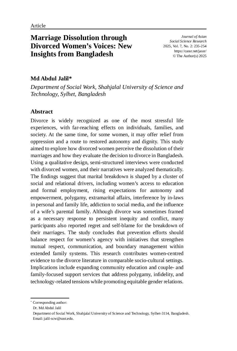 JURIS Marriage Dissolution through Divorced Women s Voices New Insights from Bangladesh