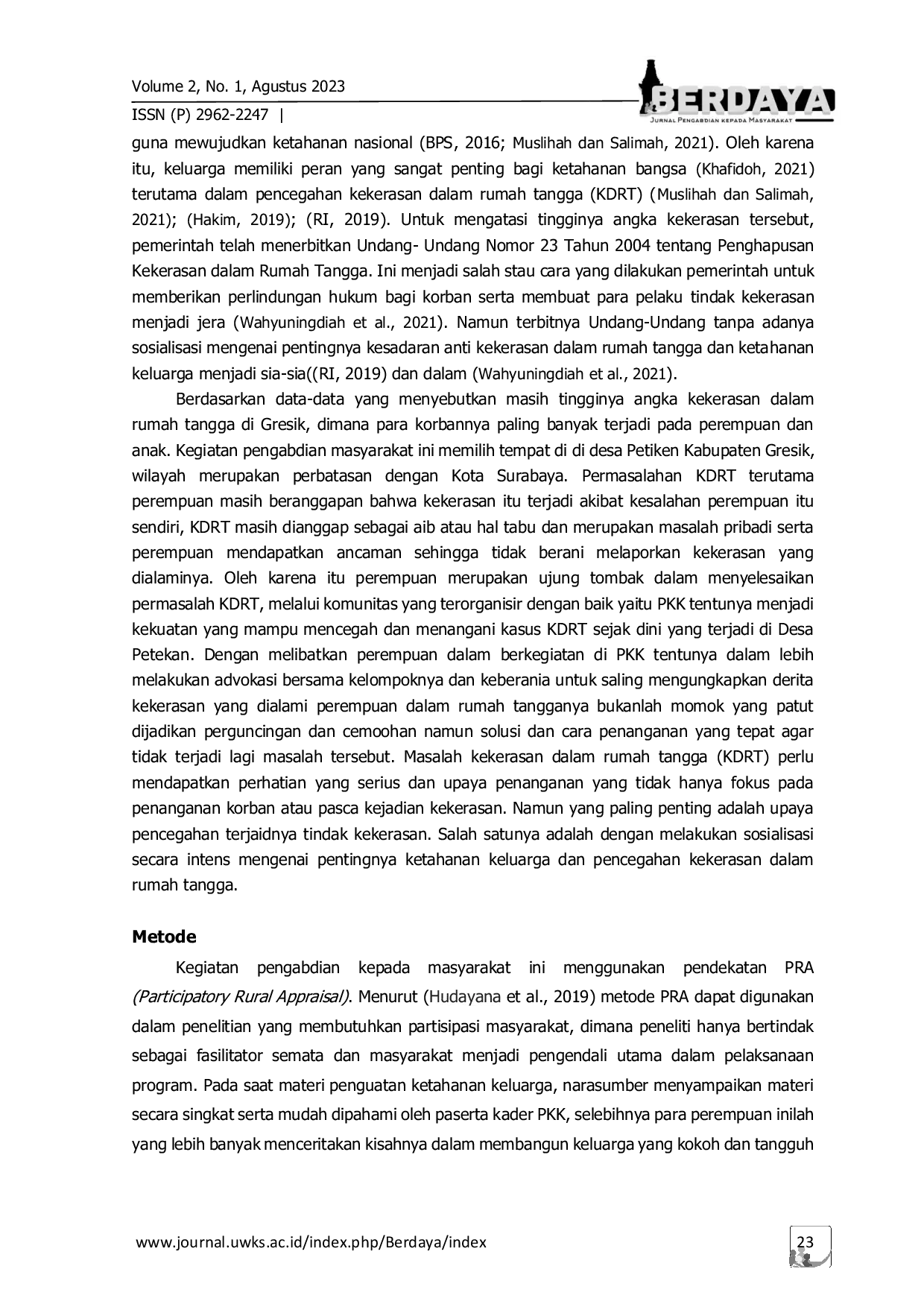 JURIS Optimalisasi Peran Kader PKK Dalam Penguatan Ketahanan Keluarga Dan Pencegahan Kekerasan Dalam Rumah Tangga di Desa Petikan Kecamatan Driyorejo Kabupaten Kabupaten Gresik