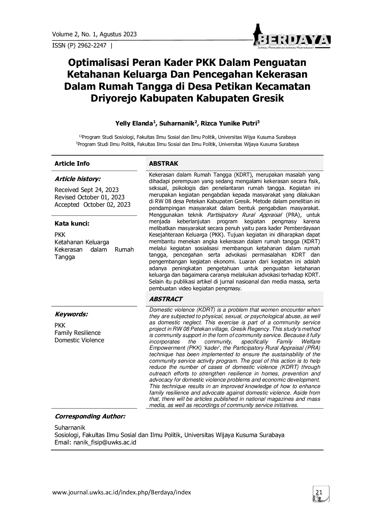 JURIS Optimalisasi Peran Kader PKK Dalam Penguatan Ketahanan Keluarga Dan Pencegahan Kekerasan Dalam Rumah Tangga di Desa Petikan Kecamatan Driyorejo Kabupaten Kabupaten Gresik