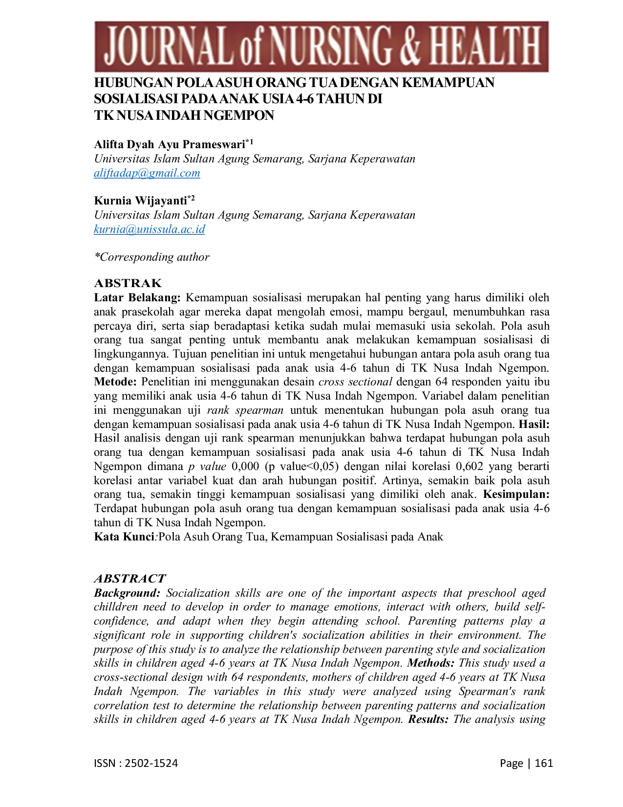 JURIS Hubungan Pola Asuh Orang Tua dengan Kemampuan Sosialisasi pada Anak Usia 4 6 Tahun di TK Nusa Indah Ngempon