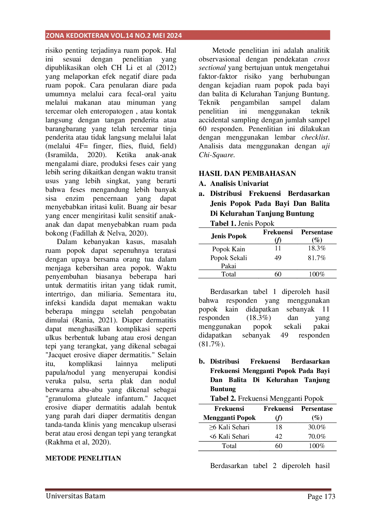 JURIS Analisis Faktor Faktor Risiko Yang Berhubungan Dengan Kejadian Ruam Popok Pada Bayi Dan Balita Di Kelurahan Tanjung Buntung