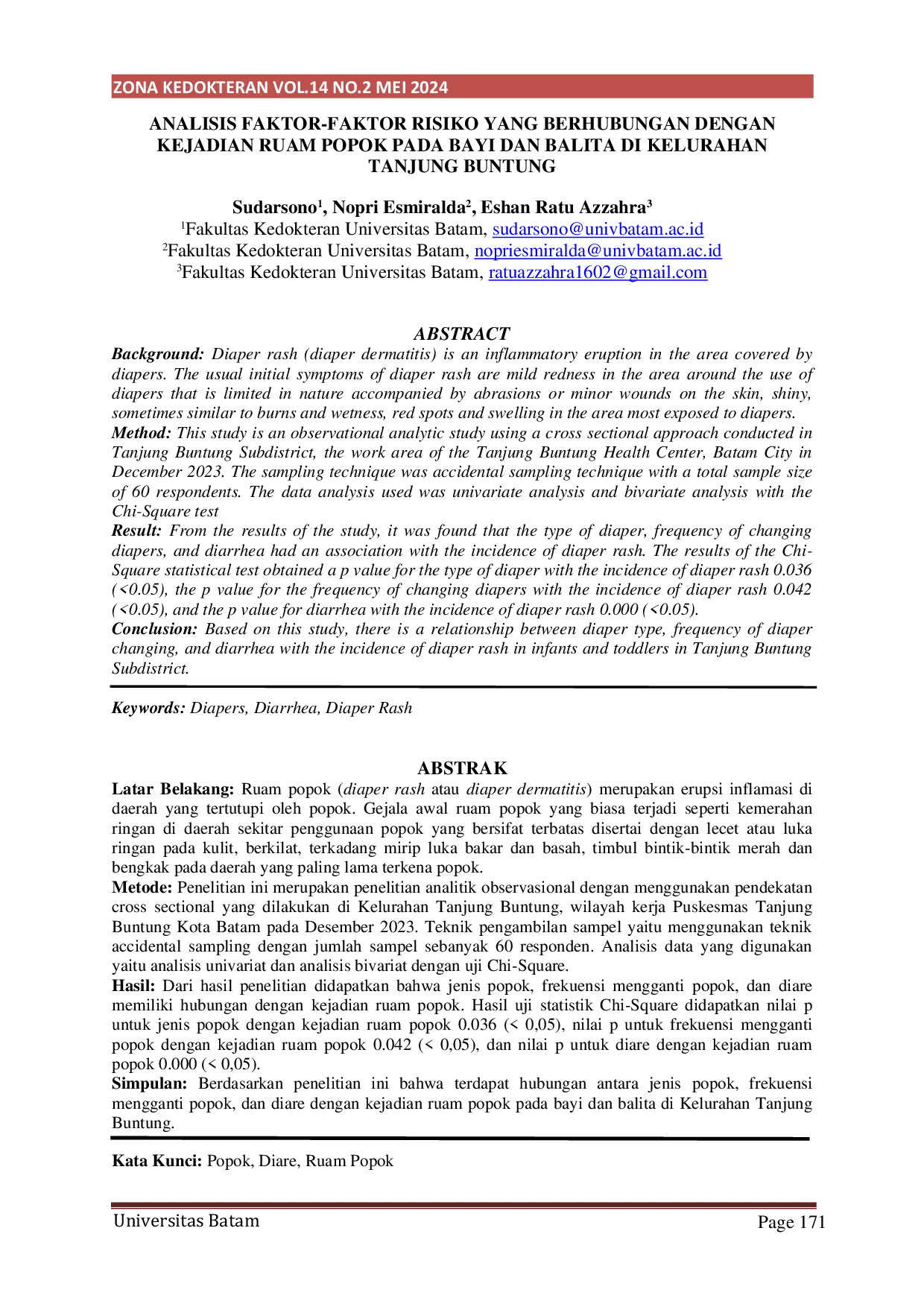 JURIS Analisis Faktor Faktor Risiko Yang Berhubungan Dengan Kejadian Ruam Popok Pada Bayi Dan Balita Di Kelurahan Tanjung Buntung