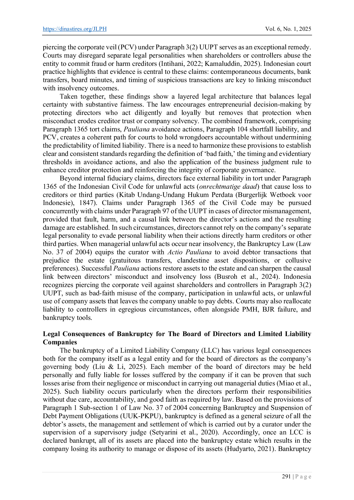 JURIS Legal Liability for the Bankruptcy of a Limited Liability Company Resulting from Unlawful Conduct