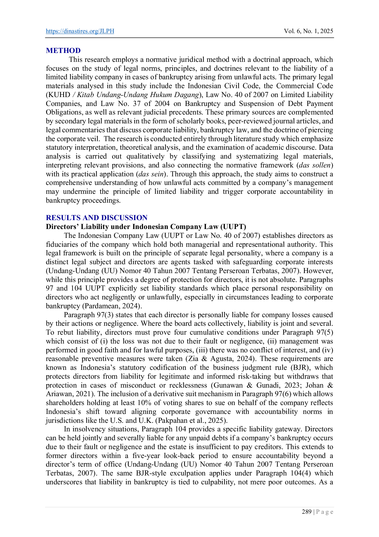 JURIS Legal Liability for the Bankruptcy of a Limited Liability Company Resulting from Unlawful Conduct