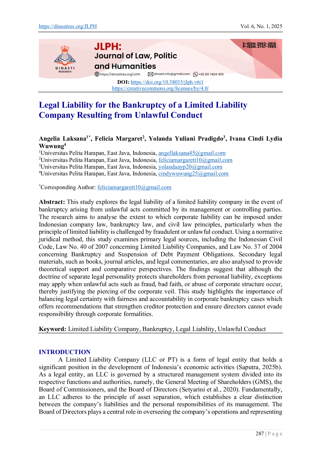 JURIS Legal Liability for the Bankruptcy of a Limited Liability Company Resulting from Unlawful Conduct