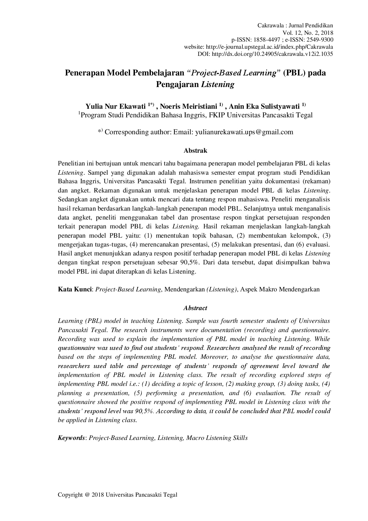 juris Penerapan Model Pembelajaran Project Based Learning pada Pengajaran Listening